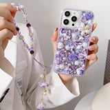 For Iphone 15 Glitter Bling Case,Cute Luxury 3D Crystal Rhinestone Diamond Sparkle Shiny Gems Flower Pearl With Lanyard Wrist Strap Women Girls Protective Case For Iphone 15 6.1 Inch (Purple)