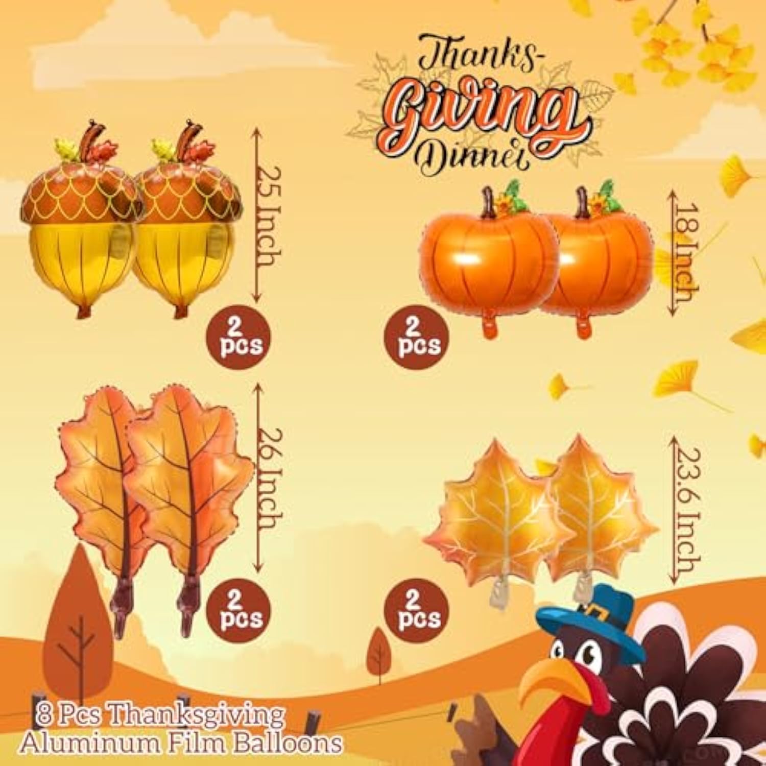8pcs Fall Foil Balloon Set Pumpkin Acorn Maple Leaf Orange Balloons for Autumn Party
