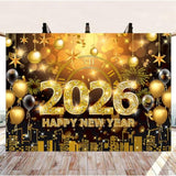2026 New Year Banner Backdrop 8x6ft Black Gold Fireworks for NYE Party