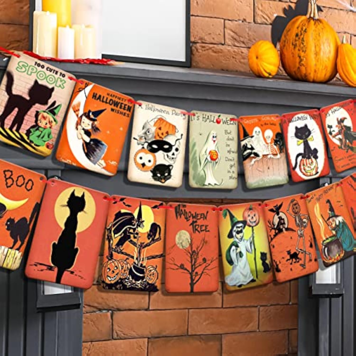 Vintage Halloween Party Banner: Retro Cats, Pumpkins, Ghosts