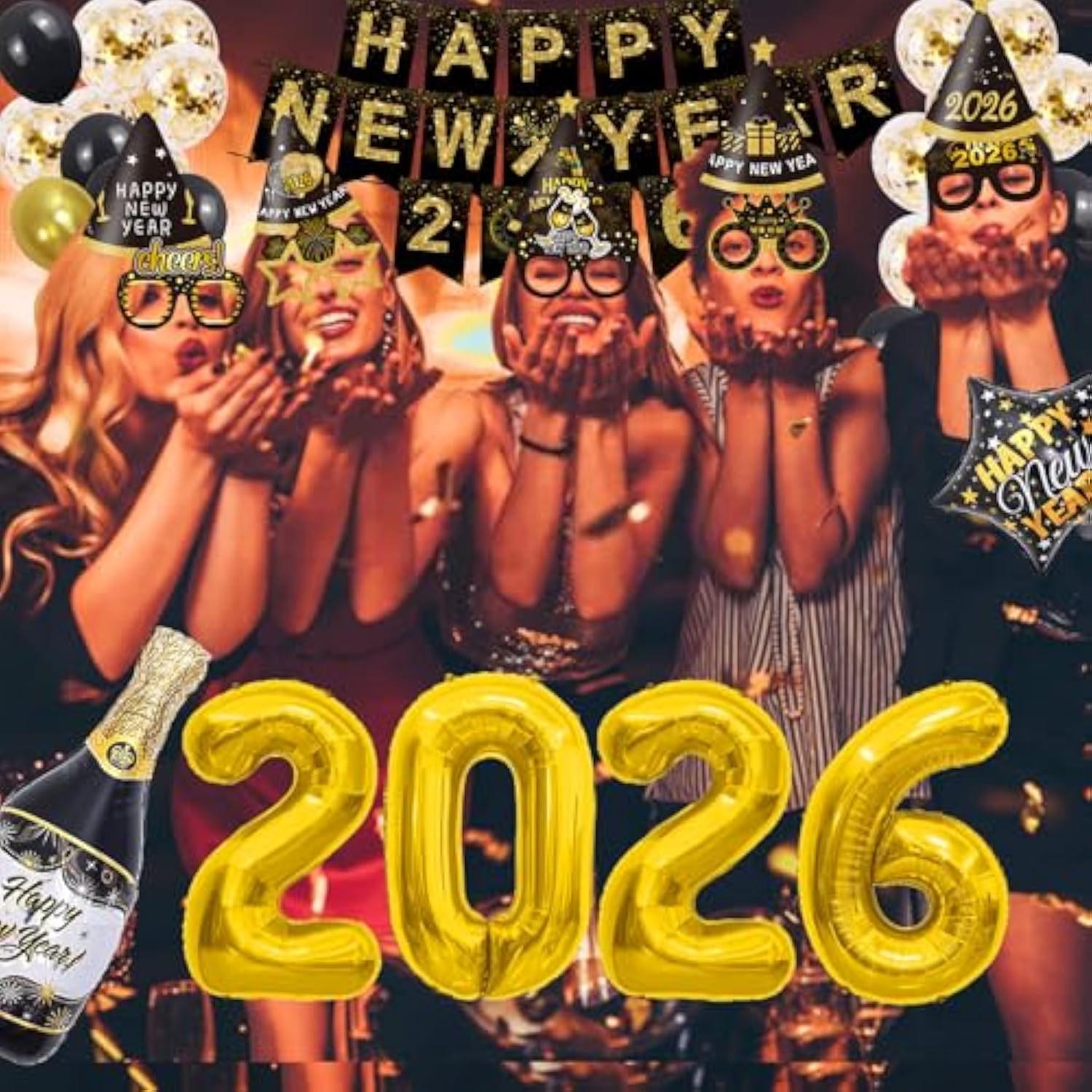 2026 New Year Party Kit with Hats, Balloons, Glasses, and Decorations