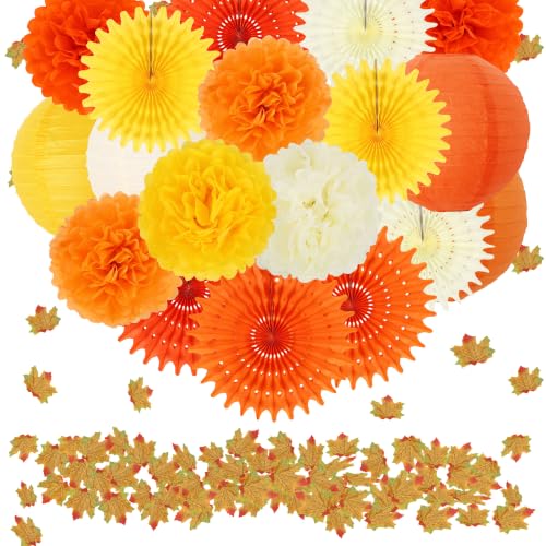 Orange Yellow Pompoms Paper Fans Lanterns and Leaves Fall Party Decorations Thanksgiving Decorations Fall Leaves Fall Hanging Decor– Perfect for Autumn, Thanksgiving, Halloween