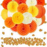 Orange Yellow Pompoms Paper Fans Lanterns and Leaves Fall Party Decorations Thanksgiving Decorations Fall Leaves Fall Hanging Decor– Perfect for Autumn, Thanksgiving, Halloween