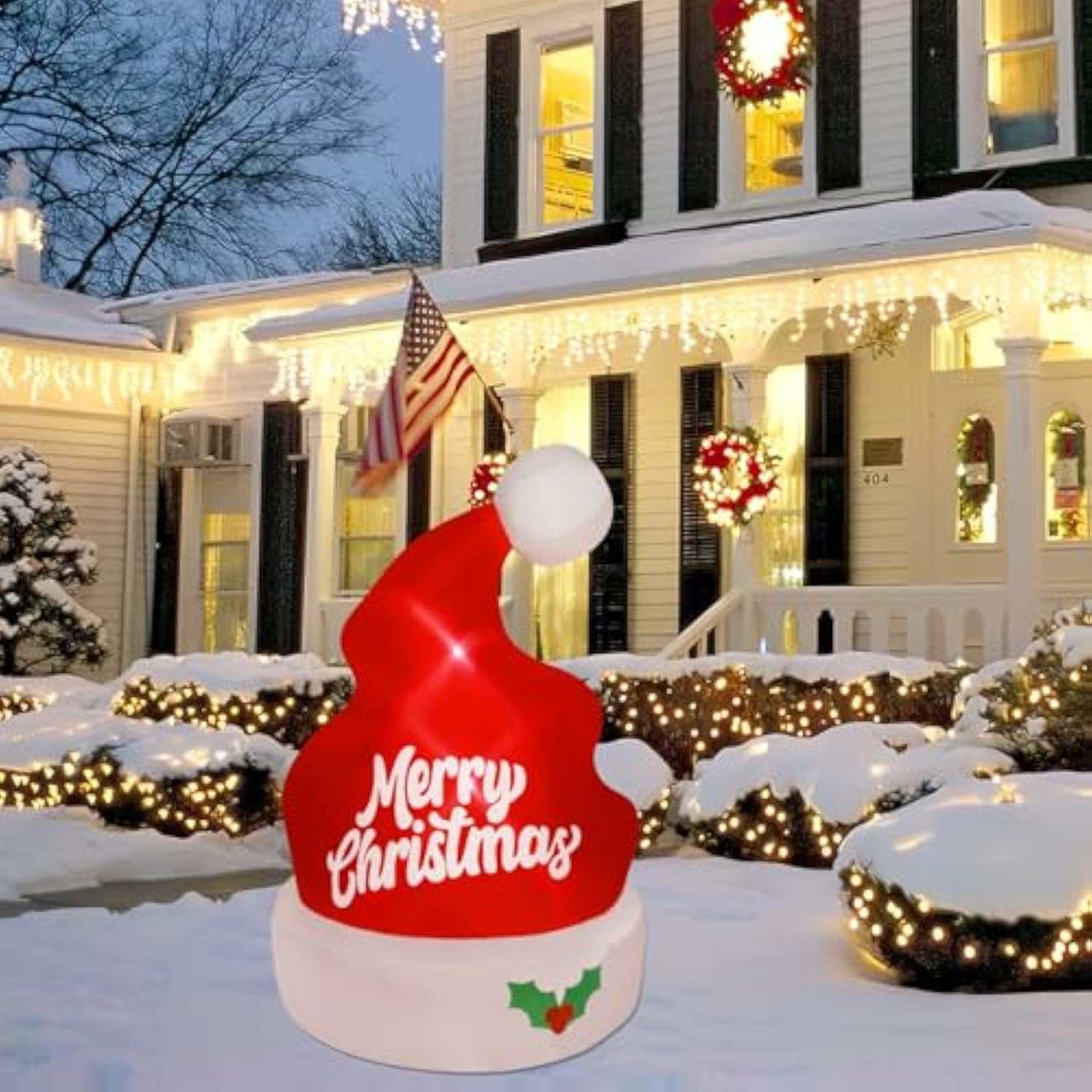 Christmas Inflatables Outdoor Decorations, 5Ft Inflatable Xmas Hat, Lighted Blow Up Giant Red Hat With Built In Led Ligh