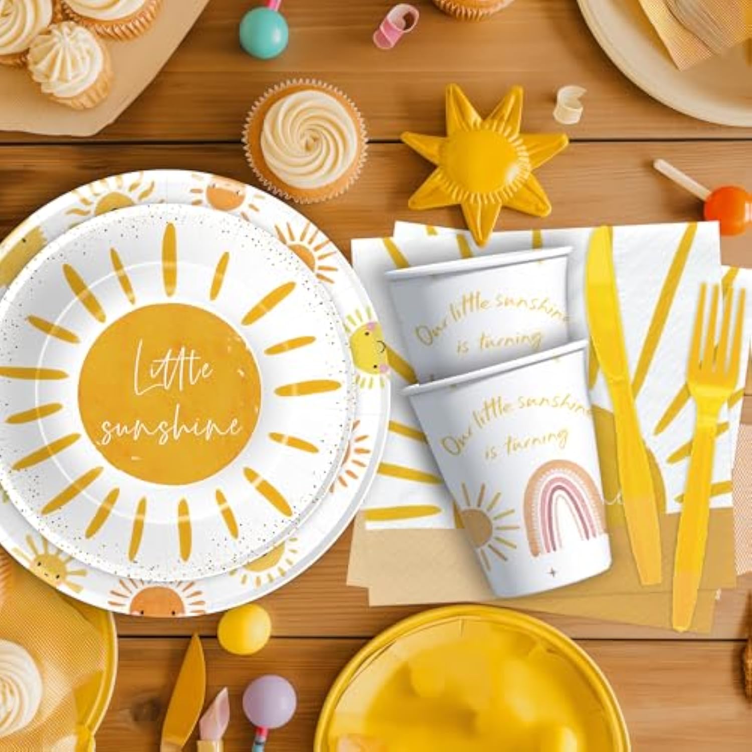 Sunshine 1St Birthday Decorations Tableware - Boho First Trip Around The Sun Birthday Decorations Party Supplies, Paper Plate, Cup, Napkin, Tablecloth, Cutlery | Serves 24