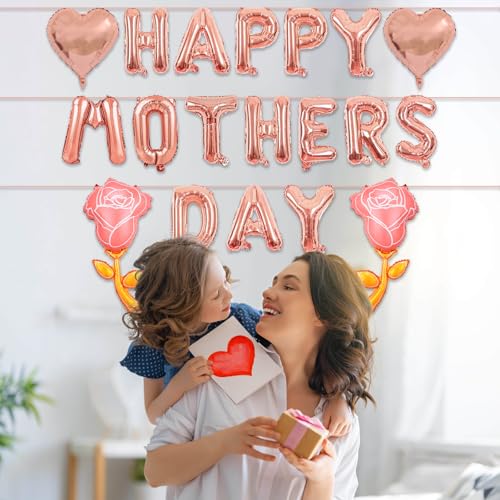 Mother's Day Balloons Rose Gold Happy Mothers Day Balloons Banner Heart Balloon Pink Rose Balloon for Mother's Birthday Theme Party Decorations & Gifts for Mom - 19 Pcs