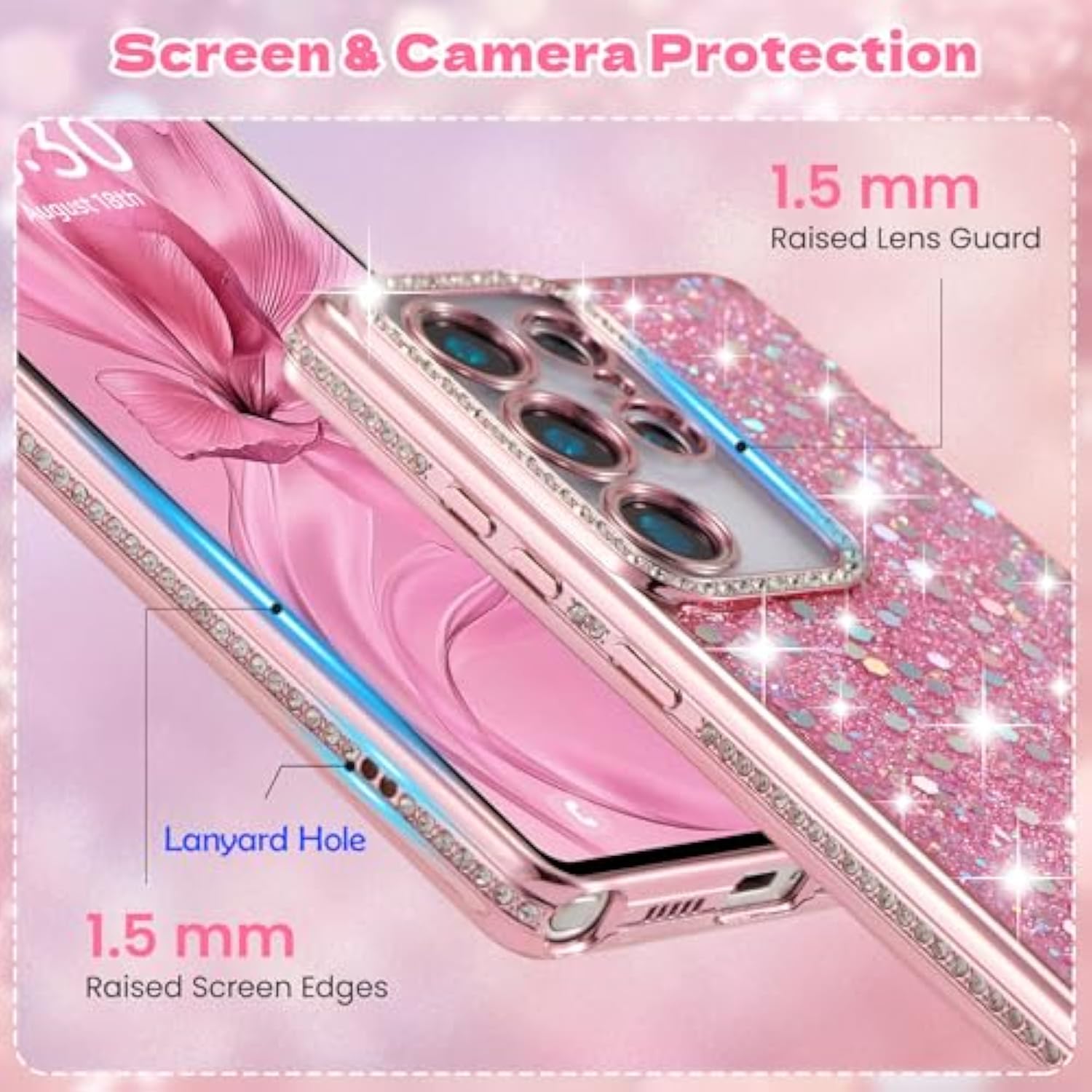 Case For Samsung Galaxy S25 Ultra,Glitter Crystal Diamond Rhinestone Sequin Shiny Bling Sparkly Glossy Luxury Electroplated,Aesthetic Cute Full Protection For Samsung Galaxy S25 Ultra,Pink