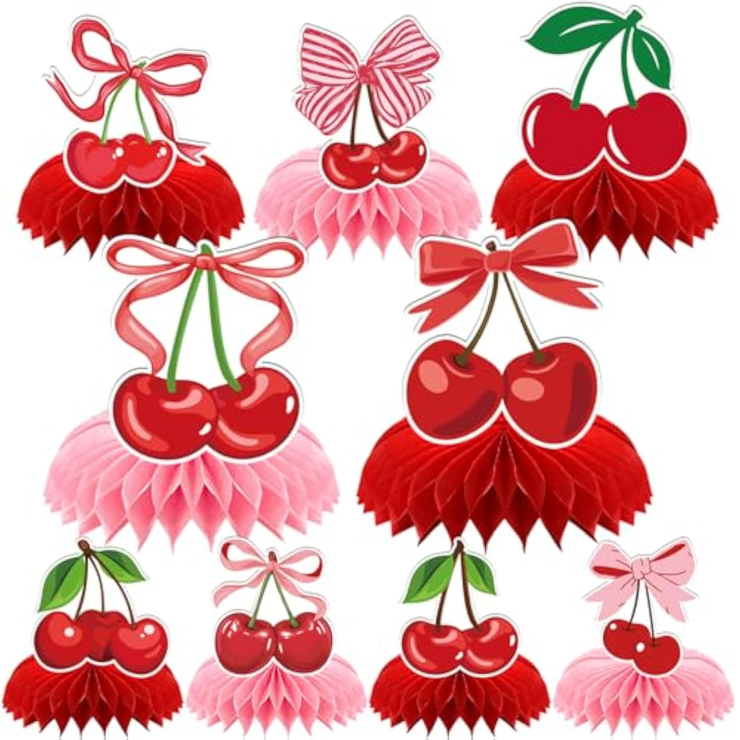 Cherry Birthday Party Decorations - 9 Pcs Pink Bow Honeycomb Centerpieces For Girls Women Sweet Cherries Table Ornaments Sets Happy Paper Fruit Theme Supplies Red Coquette Display Decors
