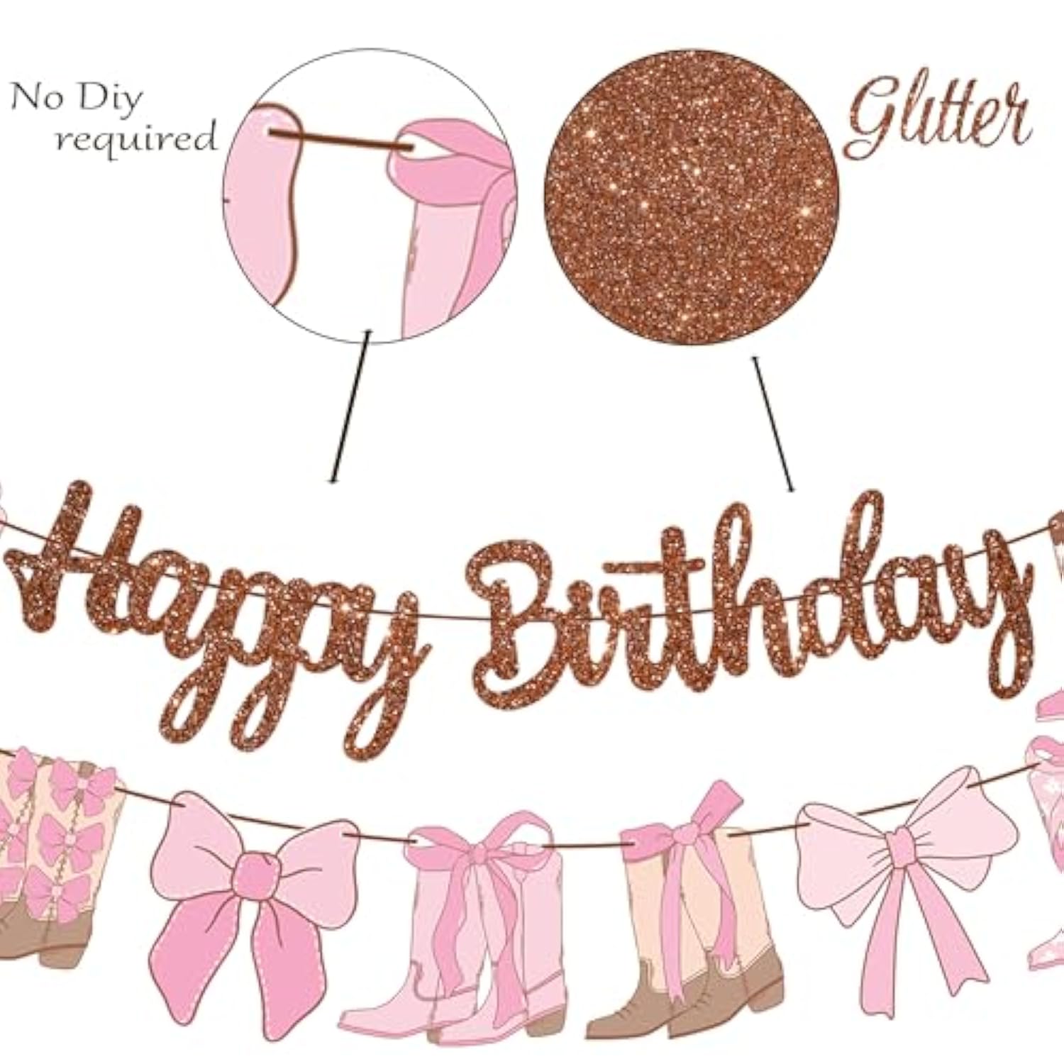 Cowgirl Boots Bow Banners 3Pcs Western Coquette Glitter Birthday Party Decor