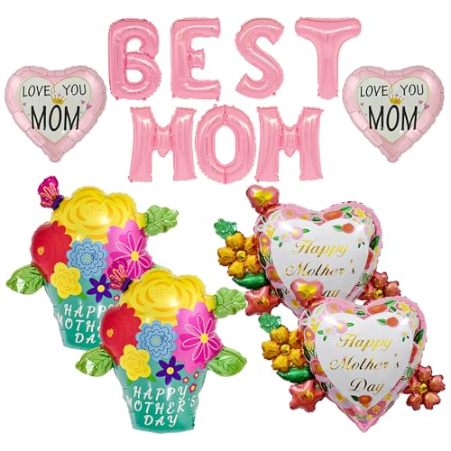 13 Pcs Happy Mother's Day Balloons Mother's Day Party Decorations Heart shapeLove You Balloons for Rose flower Best Mom Thematic Birthday Party Decorations