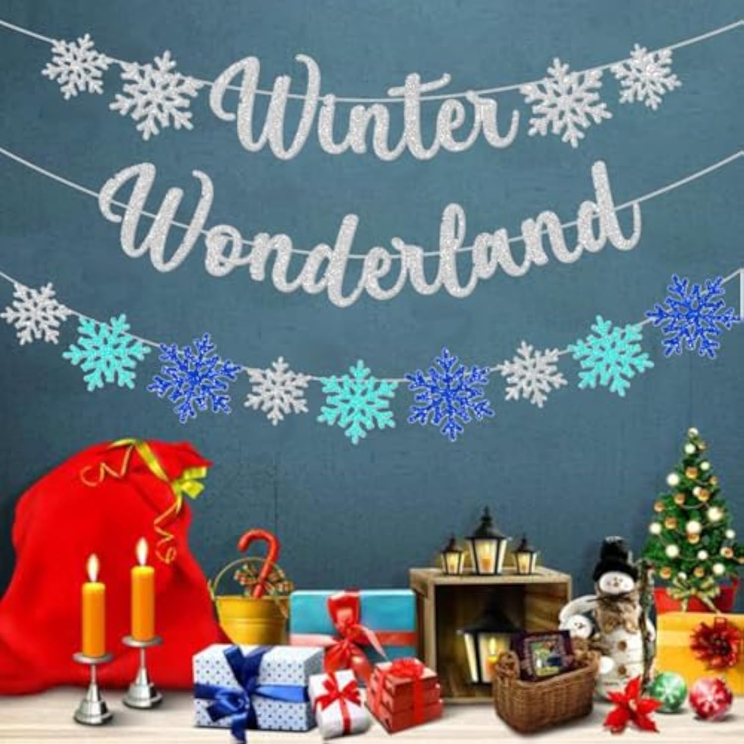 Silver Blue Winter Wonderland Party Decorations Snowflakes Banner Hanging Paper Garland Bunting Sign For Frozen Merry Christmas New Year Wall Fireplace Home Accessories Supplies