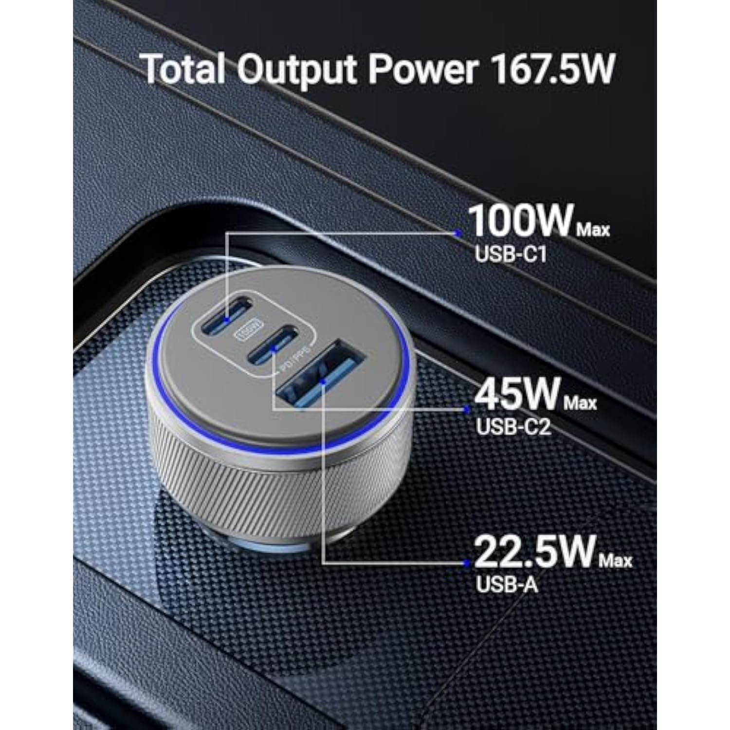 Iphone 16 Usb-C Car Charger, 167.5W Max 3-Port Type-C Fast Charging Cigarette Lighter,Charger Adapter For Iphone 16/15/14/13,Samsung S24/S23/S22,Pixel,Ipad Air,Airpods,Android