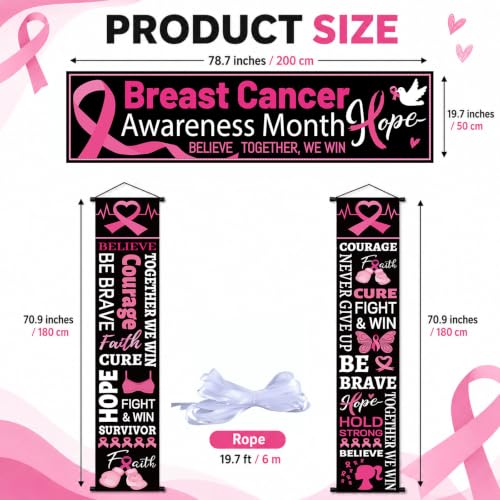 3PCS Breast Cancer Awareness Party Banner Pink Ribbon Fence Porch Sign Banner Hope Strength Courage Faith Black and Pink Door Decorations for Breast Cancer Awareness Event Charity Party Decor