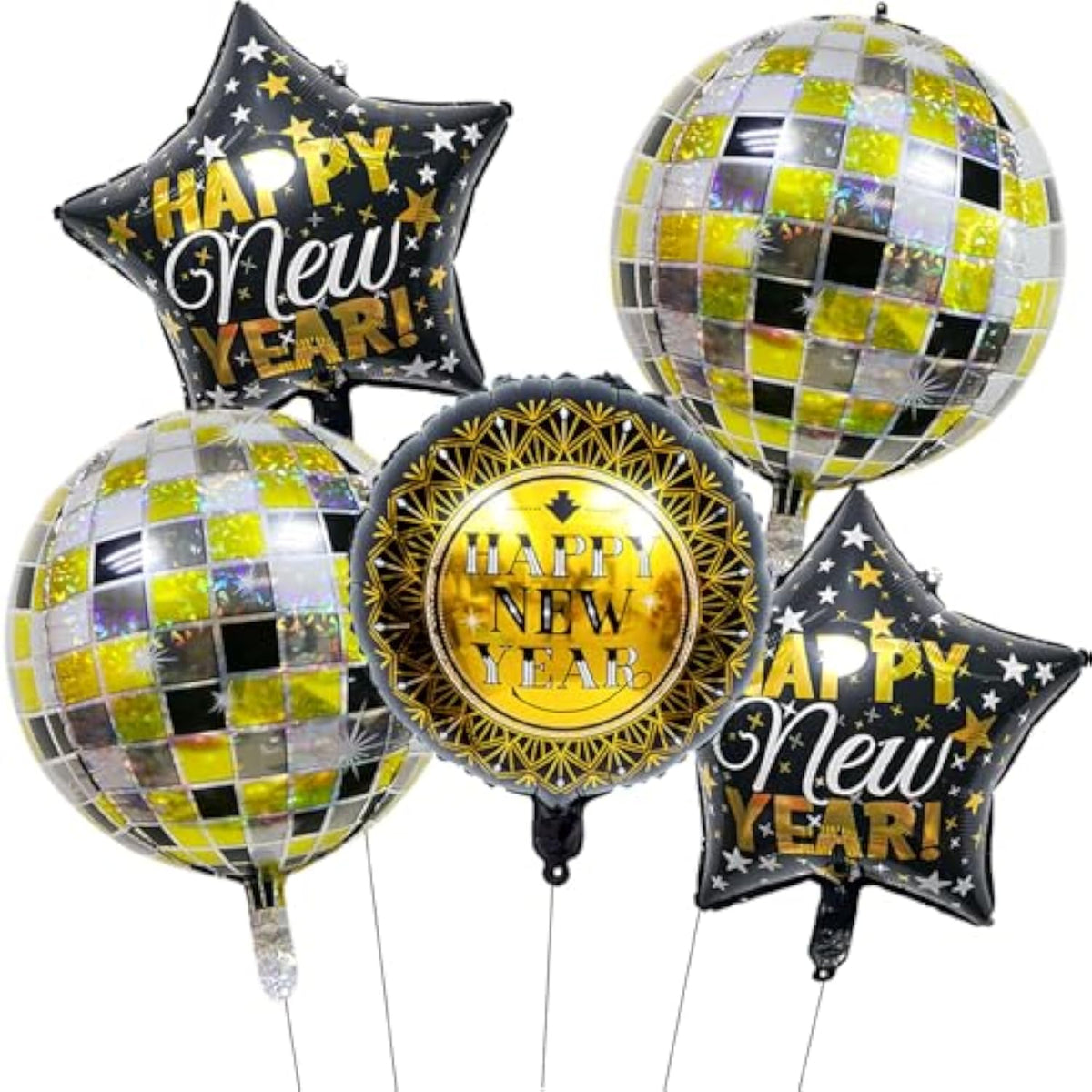 5 Pcs Black & Gold New Year Foil Balloons 4D Disco Party Decor