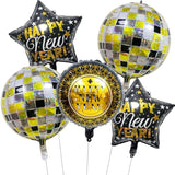 5 Pcs Black & Gold New Year Foil Balloons 4D Disco Party Decor