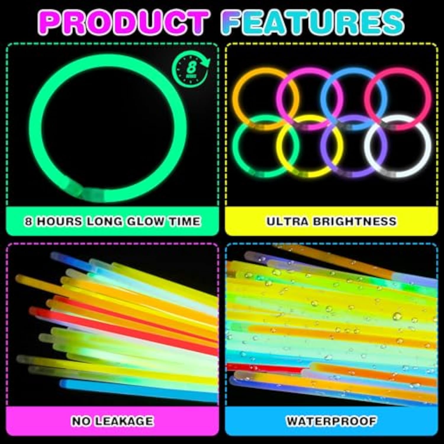 1000 Pc 8 Inch Glow Sticks with Connectors for Parties Concerts and Holidays