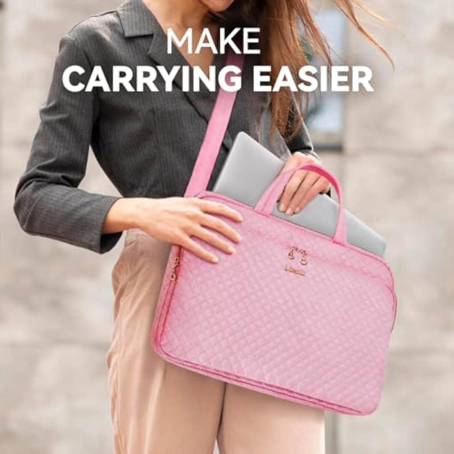 Laptop Case Bag Women Men Computer Sleeve Compatible With Macbook/Dell/Hp/Acer/Asus, Waterproof Shoulder Carrying Briefcase, Pink, 15.6-16 Inch