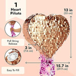 Rose Gold Foil Pull String Heart Pinata, Ideal For Birthday Party Decorations & Supplies, Quinceanera, Valentine'S Day (15.7 X 13 X 3 In, Small) - Pull String Pinata