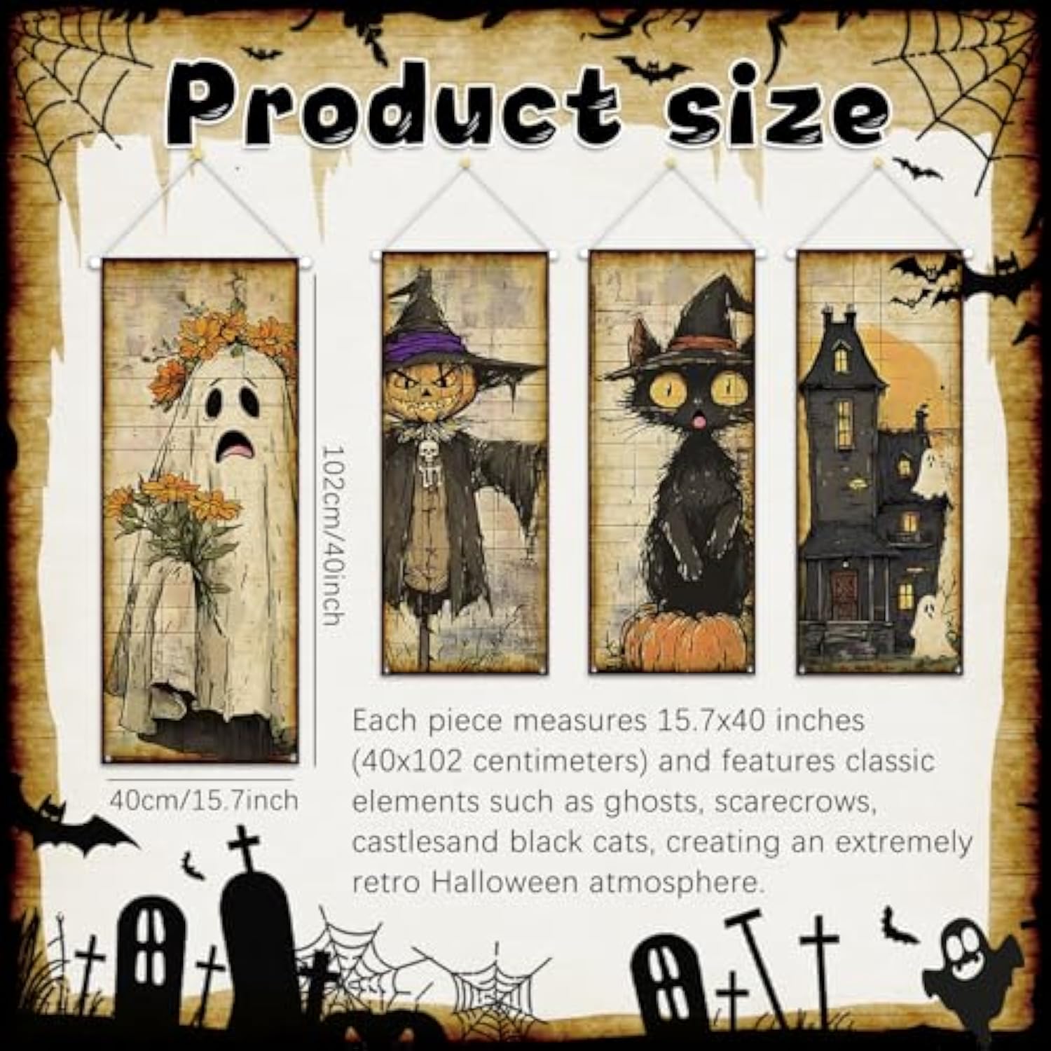 Retro Halloween Banner 4pcs Vintage Scarecrow Black Cat Castle Ghosts Wall Porch Decor