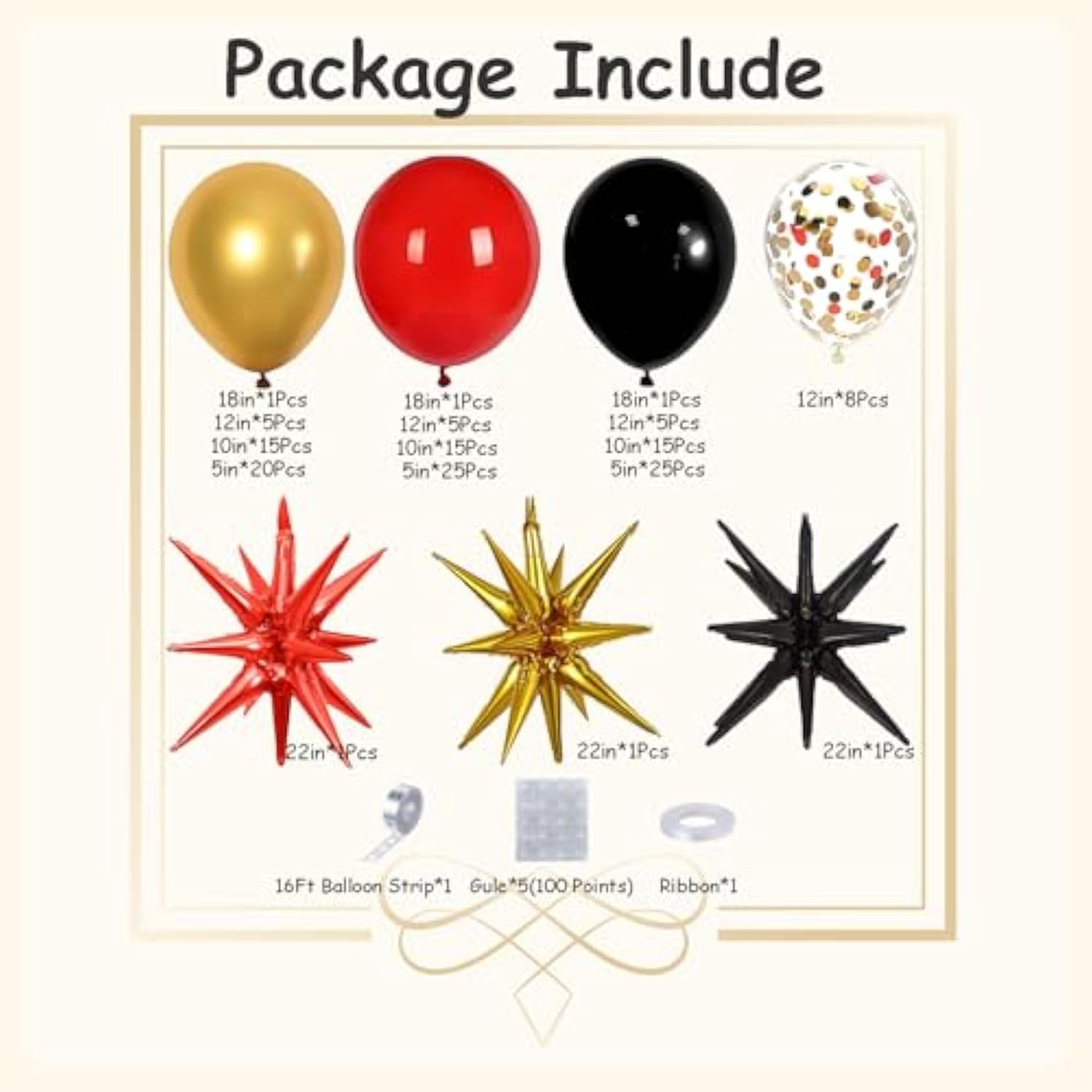 Red Black & Gold Balloon Arch Kit with Star Balloons for NYE & Parties