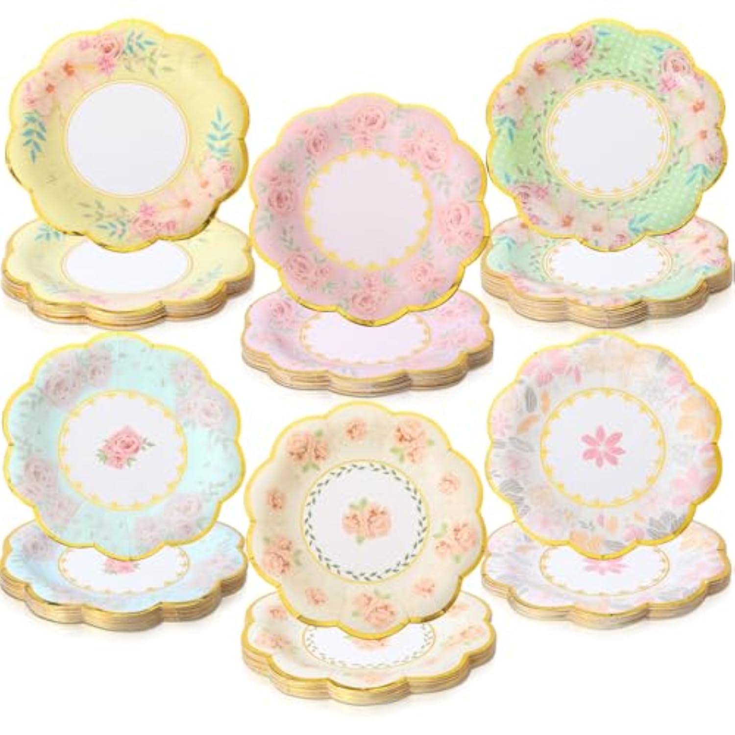 72 Pcs 6 Inch Floral Paper Plates With Gold Rim Disposable Flower Plates For Tea Party Decorations Birthday Baby Shower Wedding Bridal Supplies