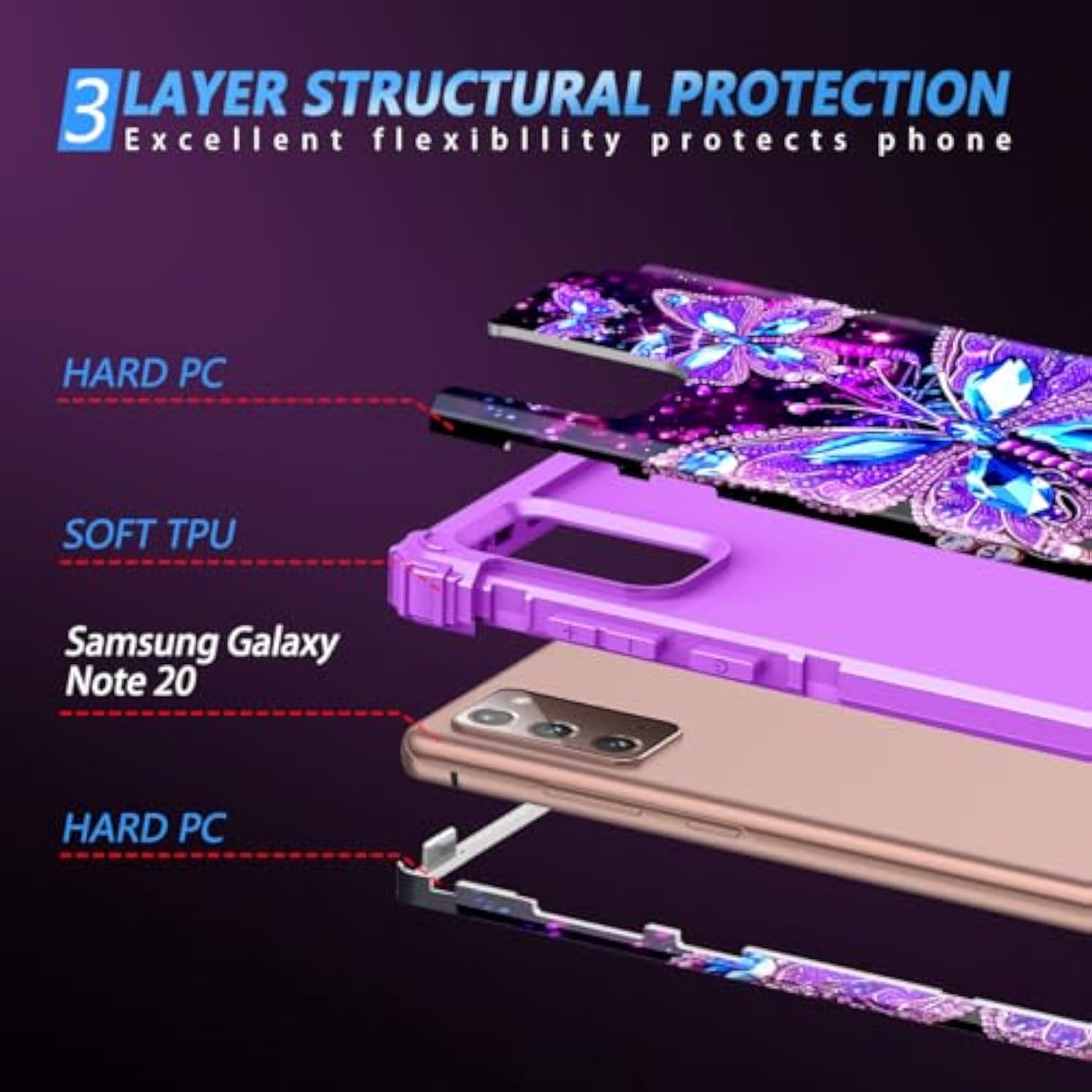 For Galaxy Note 20 Case,Glow In The Dark Three Layer Heavy Duty Shockproof Full Body Protection Hard Plastic Bumper+Soft Silicone Protective Case For Samsung Galaxy Note 20,Dark Butterfly