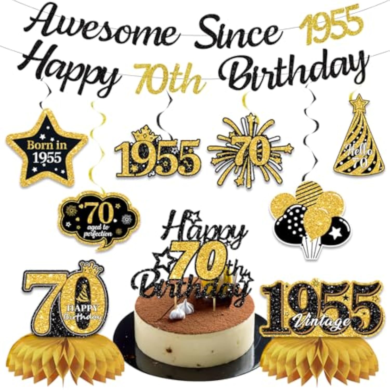 70Th Birthday Decorations For Men Women, Black Gold Awesome Since 1955 Happy 70Th Birthday Banner Swirls Cake Topper Party Supplies, Seventy Years Bday Honeycomb Centerpiece Sign Decor