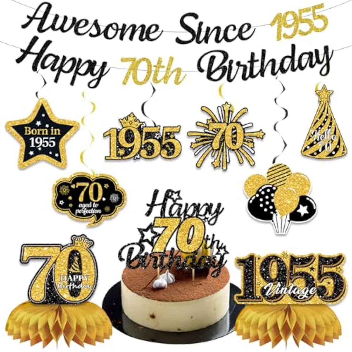 70Th Birthday Decorations For Men Women, Black Gold Awesome Since 1955 Happy 70Th Birthday Banner Swirls Cake Topper Party Supplies, Seventy Years Bday Honeycomb Centerpiece Sign Decor
