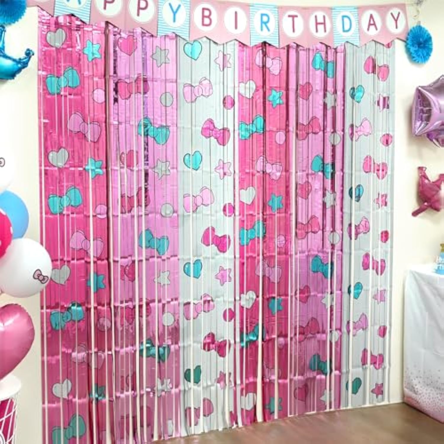 Kawaii Birthday Decorations, 2 Pack Cartoon Cat Theme Party Supplies, 3.3 X 6.6Ft Tinsel Foil Fringe Curtains, Bow Photo Booth Props, Backdrop Streamers, Perfect Room & Doorway Decor For Girls