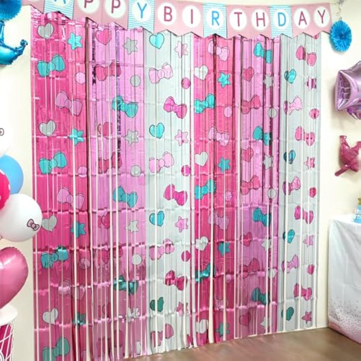 Kawaii Birthday Decorations, 2 Pack Cartoon Cat Theme Party Supplies, 3.3 X 6.6Ft Tinsel Foil Fringe Curtains, Bow Photo Booth Props, Backdrop Streamers, Perfect Room & Doorway Decor For Girls