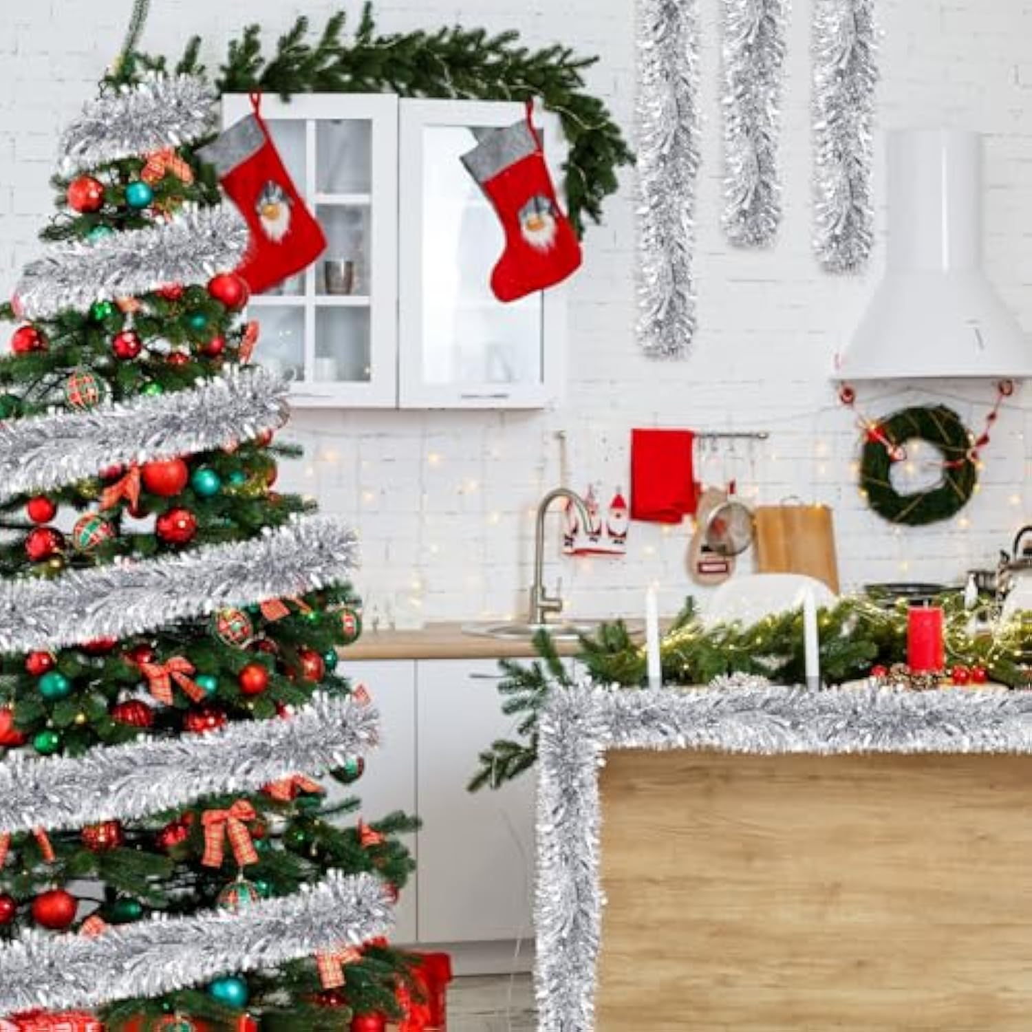 150 Feet Christmas Tinsel Garland Metallic Twist Garland Shiny Hanging String Ornaments For Christmas Tree Party Supplies Indoor And Outdoor Decoration(Silver)