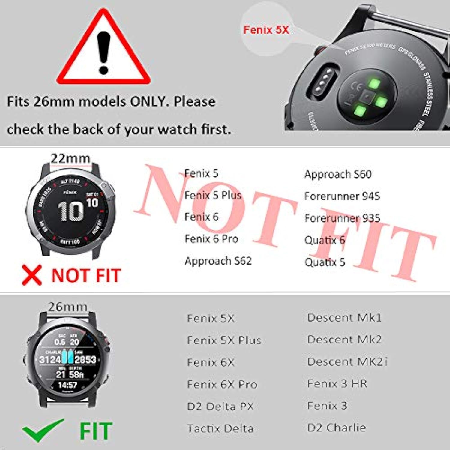 Compatible With Fenix 6X/7X Band 26Mm Quickfit Soft Silicone Watch Band Replacement For Fenix 5X/Fenix 8 51Mm/Fenix 5X Plus/Fenix 3/Fenix 6X Pro/Descent Descent Mk2I Smartwatches (Black)