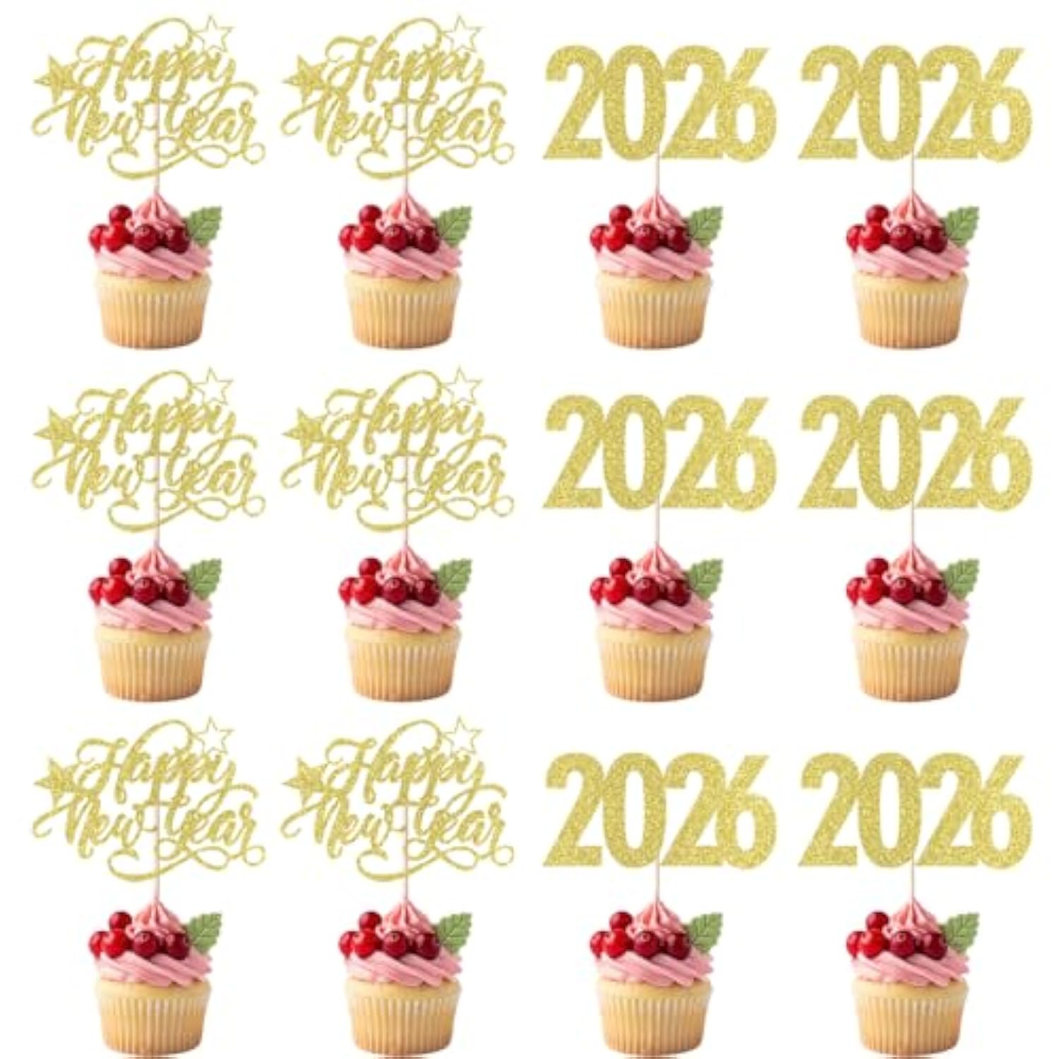 12pc Glitter Happy New Year 2026 Cupcake Toppers Gold Cake Picks