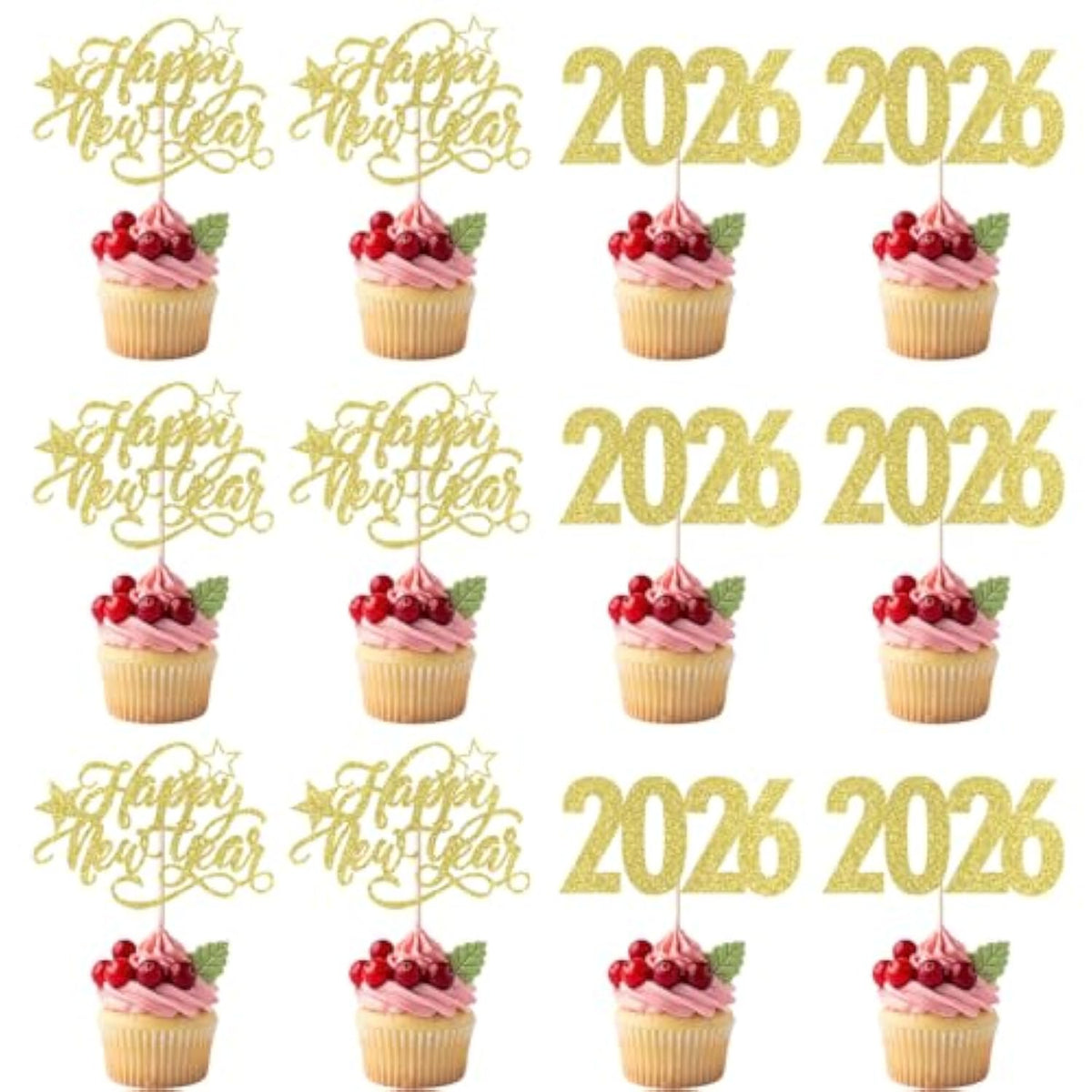 12pc Glitter Happy New Year 2026 Cupcake Toppers Gold Cake Picks