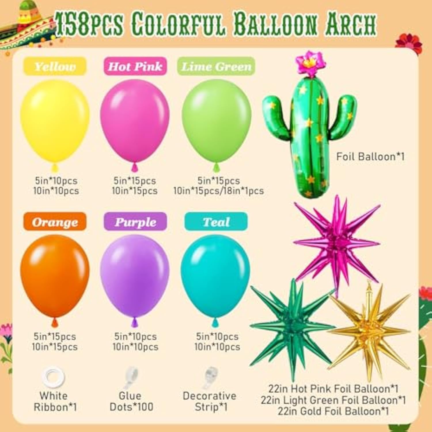 158Pcs Mexican Fiesta Balloon Garland Arch Kit With Yellow Hot Pink Lime Green Orange Purple Teal Foil Balloons For Mexican Fiesta Birthday Party Decorations