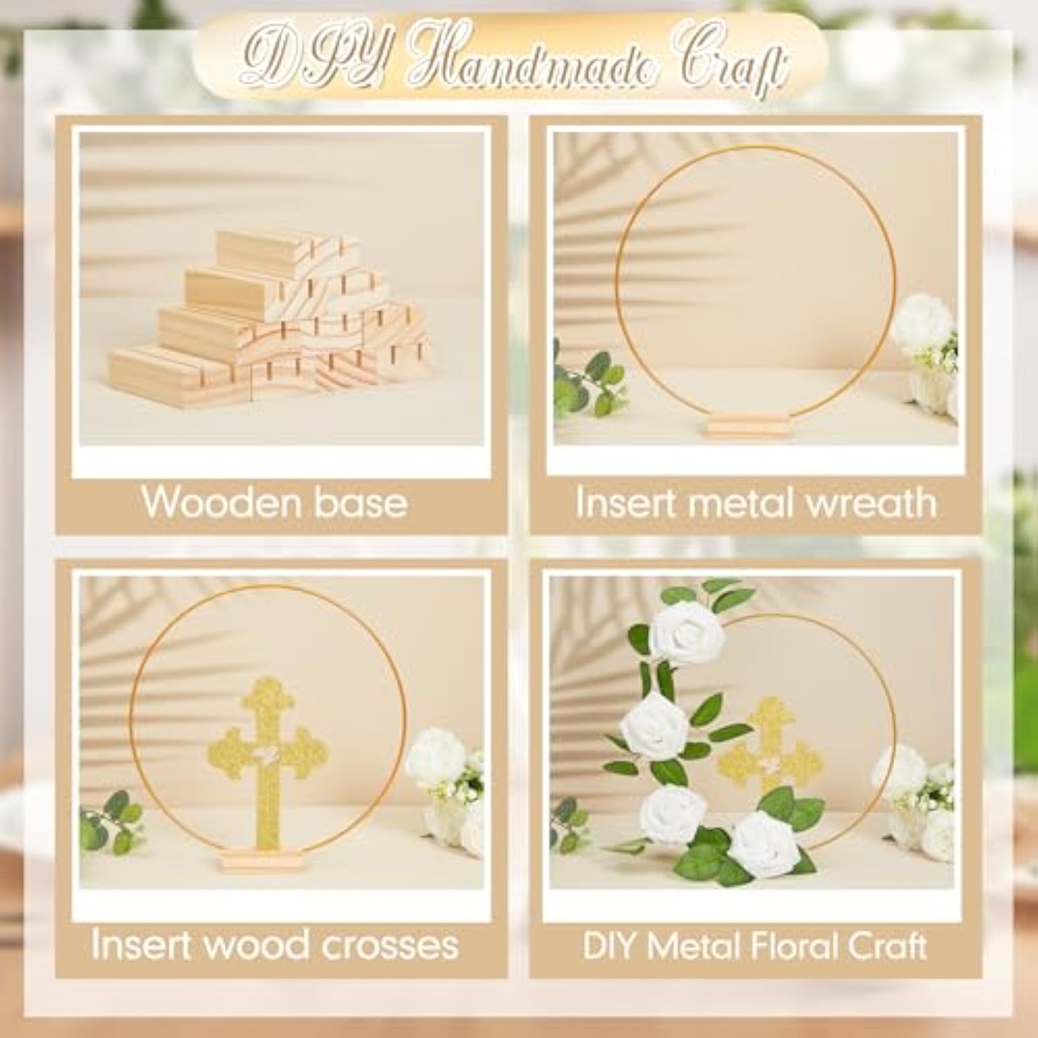 48 Pcs Baptism Centerpiece First Communion Table Decoration 12 Wood Cross 12 Floral Hoop With Stand 24 Foam Rose With Stem For Baptism Baby Shower Wedding(Gold And White,Stylish)