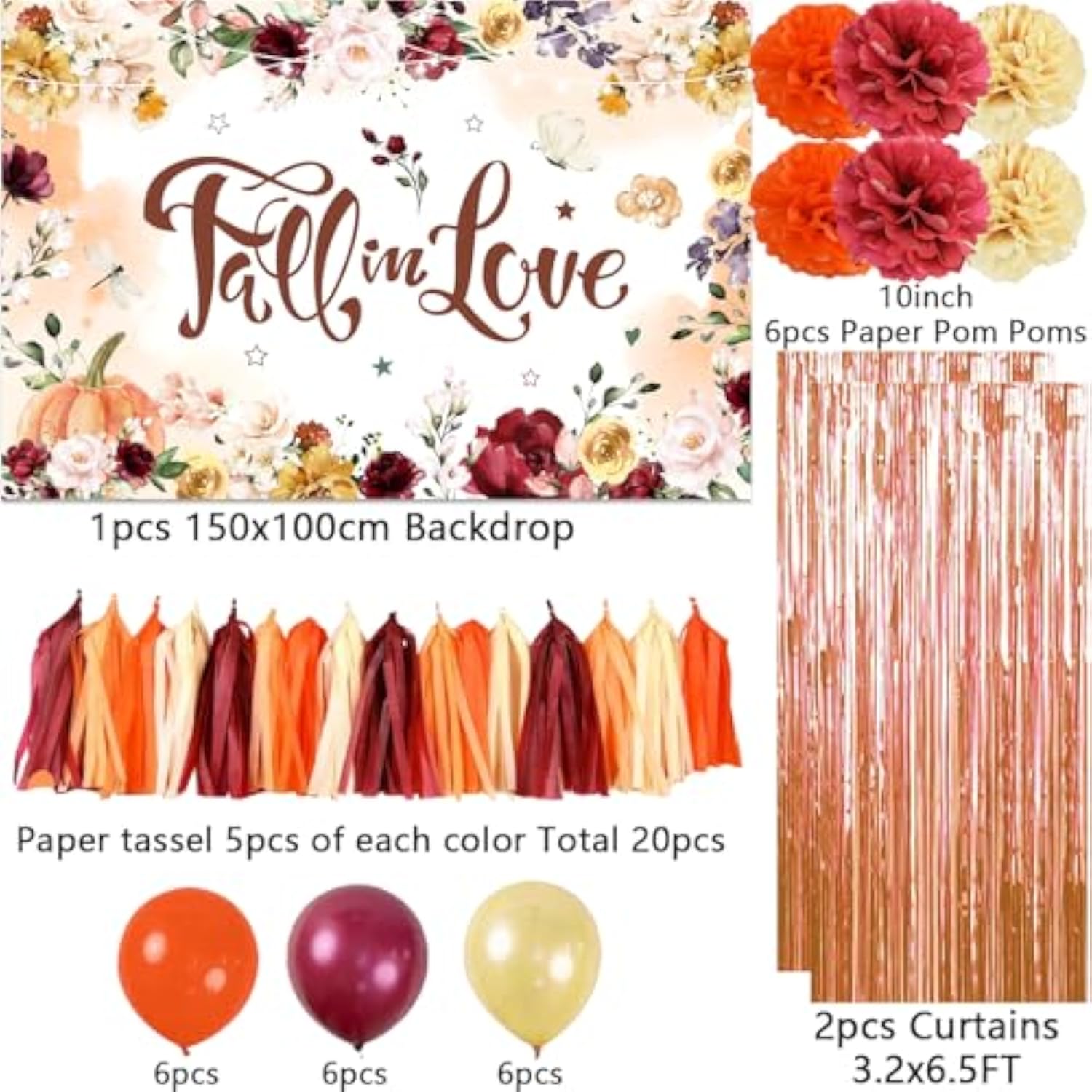 Fall In Love Bridal Shower Decorations Fall Wedding Decorations 47Pcs Fall Bridal Shower Decorations Set Includes Backdrop, Paper Pom Poms, Paper Tassel, Curtains And Balloons