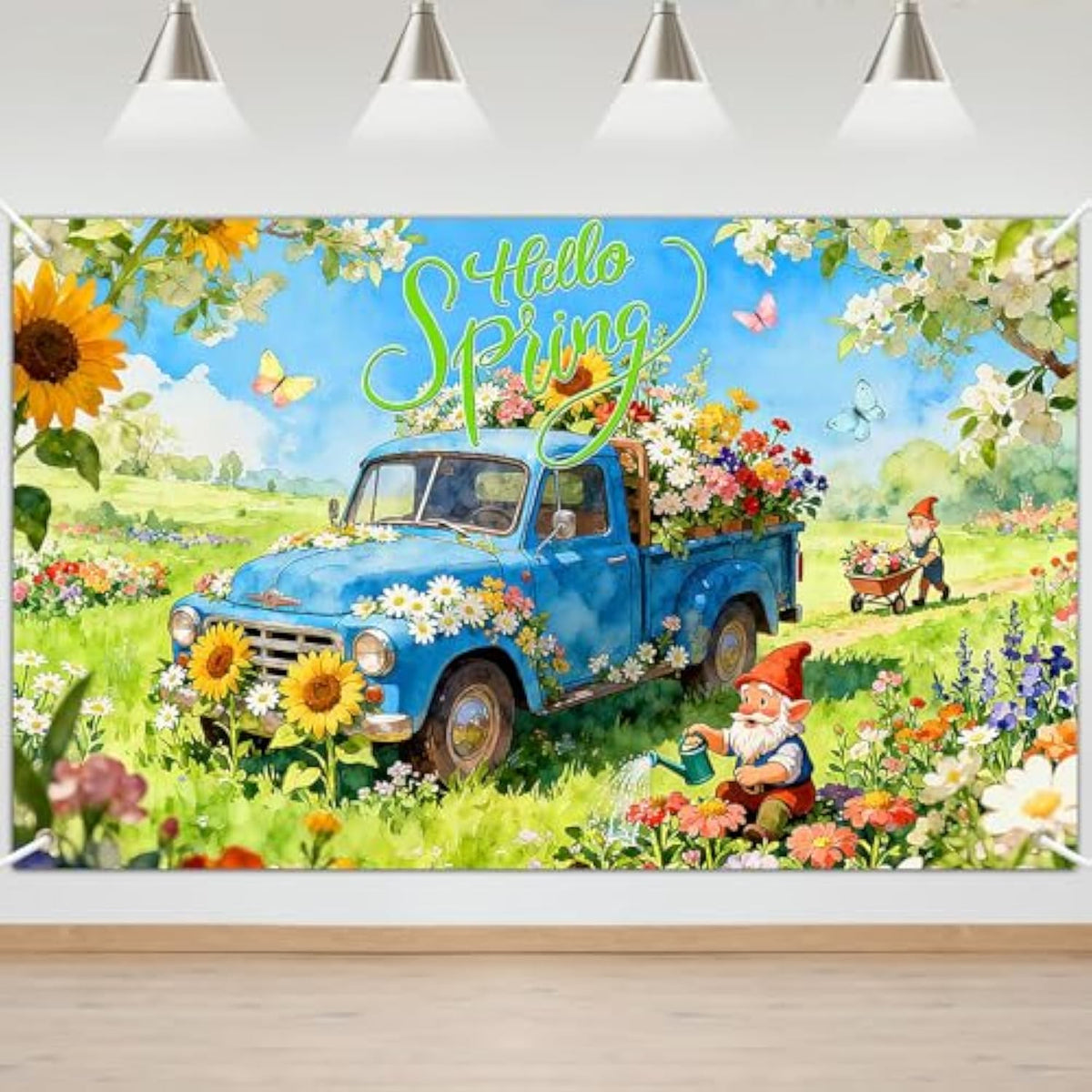 Hello Spring Banner Blue Truck Flowers Garden Elf Spring Background Party Decorations Indoor Outdoor Photo Booth Props (6X3.6Ft)
