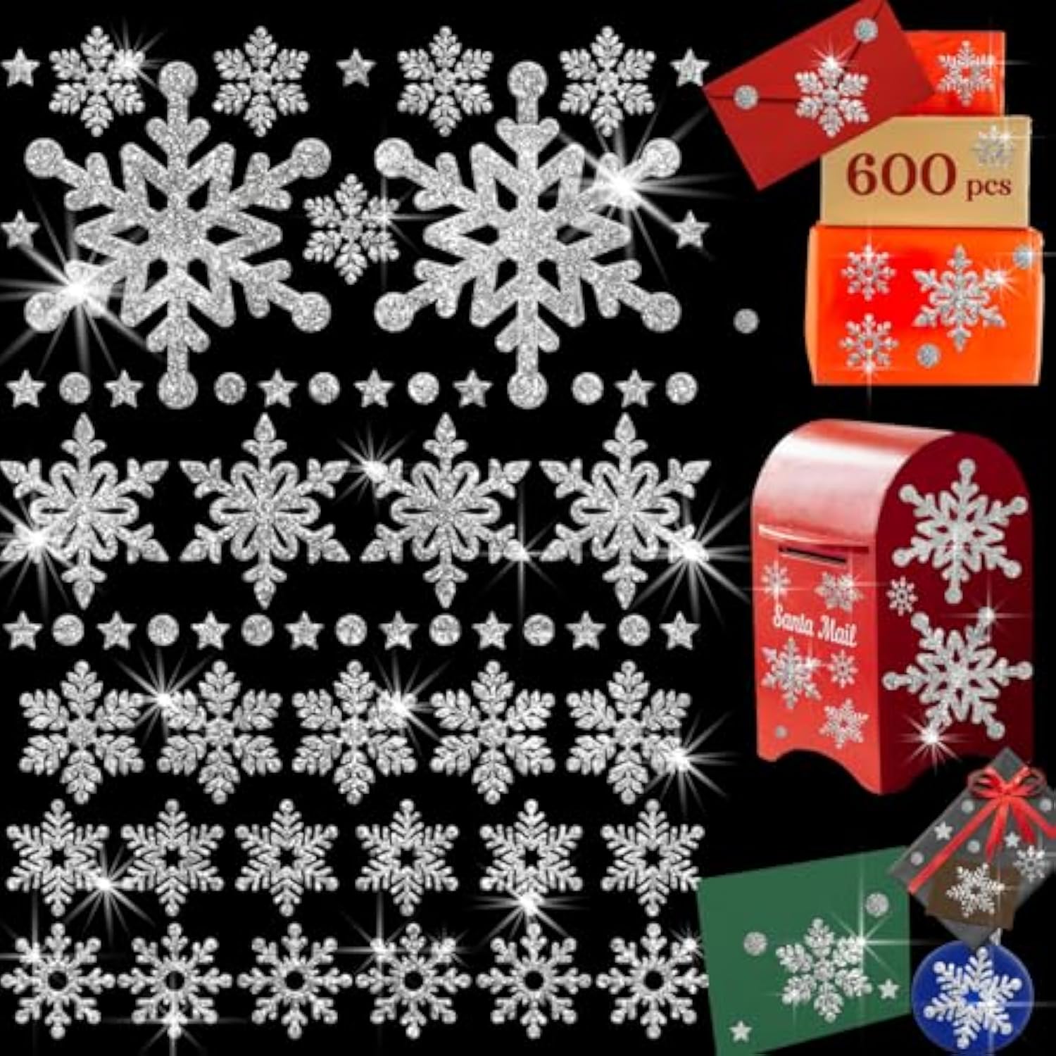 Snowflake Stickers Large Real Glitter Silver For Christmas Envelopes, Crafts, Cards - Happy Holiday Silver Snowflakes