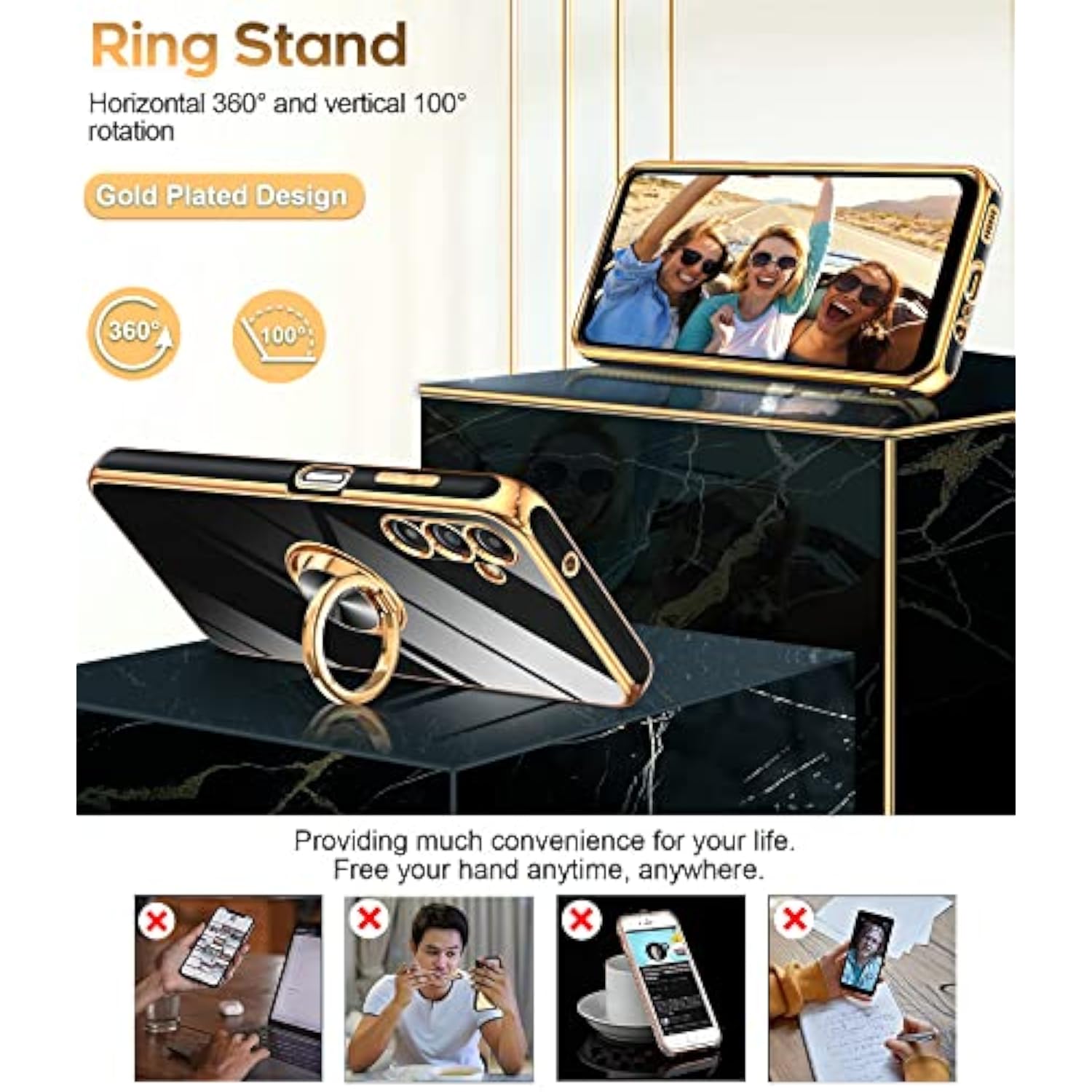 For Samsung Galaxy A14-5G Phone Case: 2 Pack Tempered Glass Screen Protector And 360° Rotatable Ring Magnetic Kickstand, Plating Rose Gold Edge Cell Android Basic Funda Para A 14 5G Cover, Black