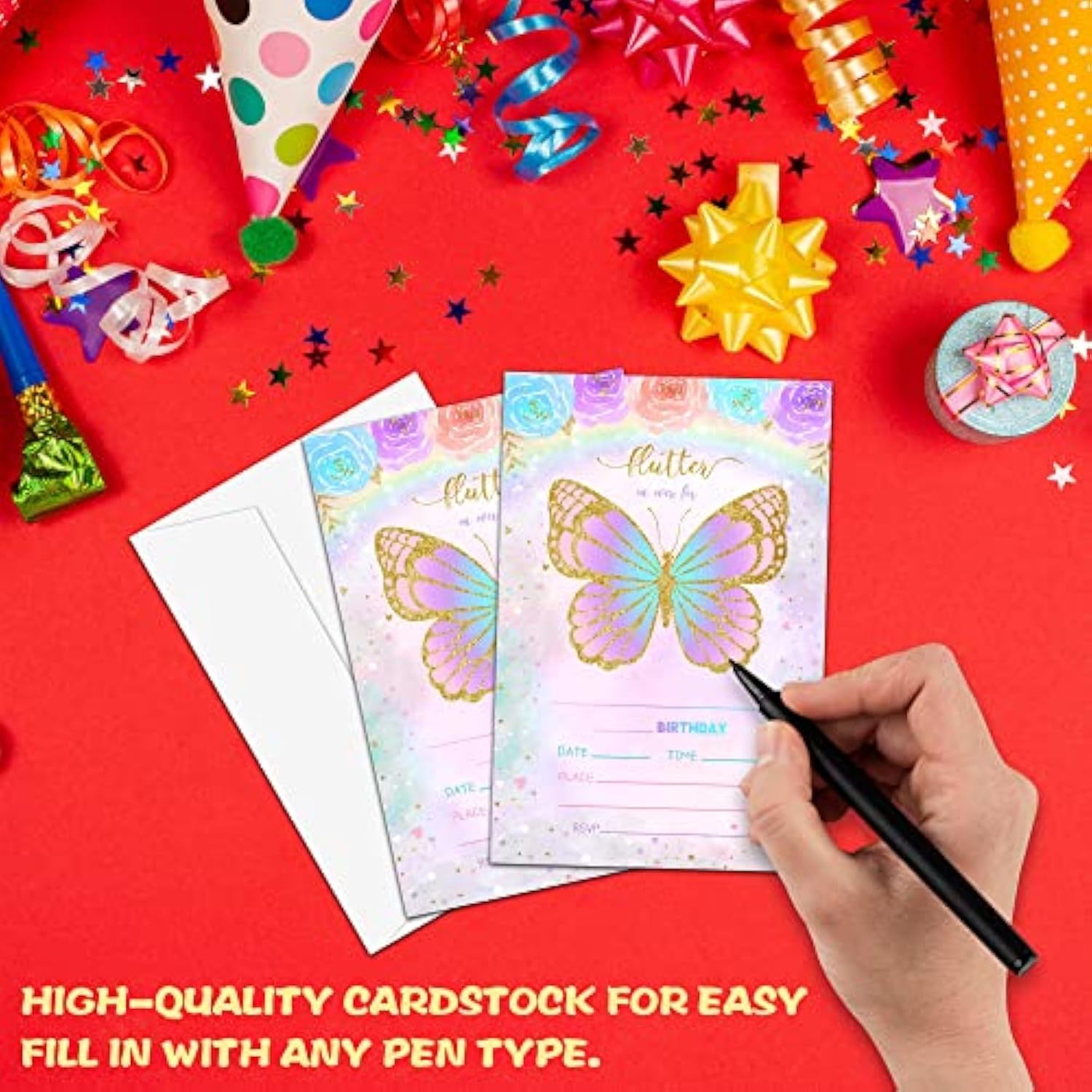 Butterfly Birthday Party Invitation, Floral Butterfly Themed Fillin Invites, 20 Gold Foil Invitations With Envelopes For Teens Boys & Girls (4 X 6), Kids Rainbow Party Favors Decorations And
