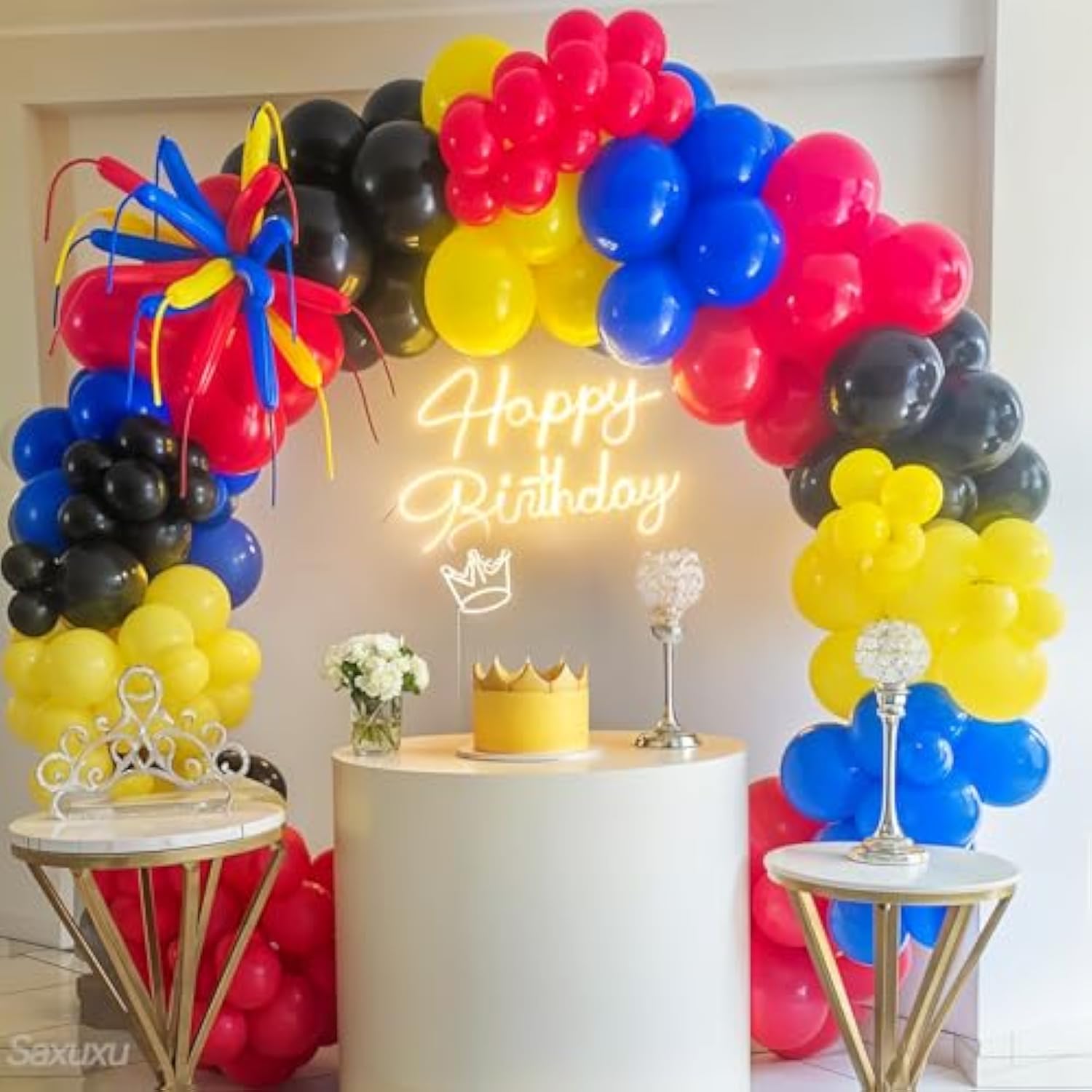 Blue Red Yellow Black Balloon Arch Kit, Blue Red Yellow Balloons Garland Arch Kit, Long Balloons For Birthday Baby Shower Party Wedding Bachelorette Anniversary Graduation Decorations
