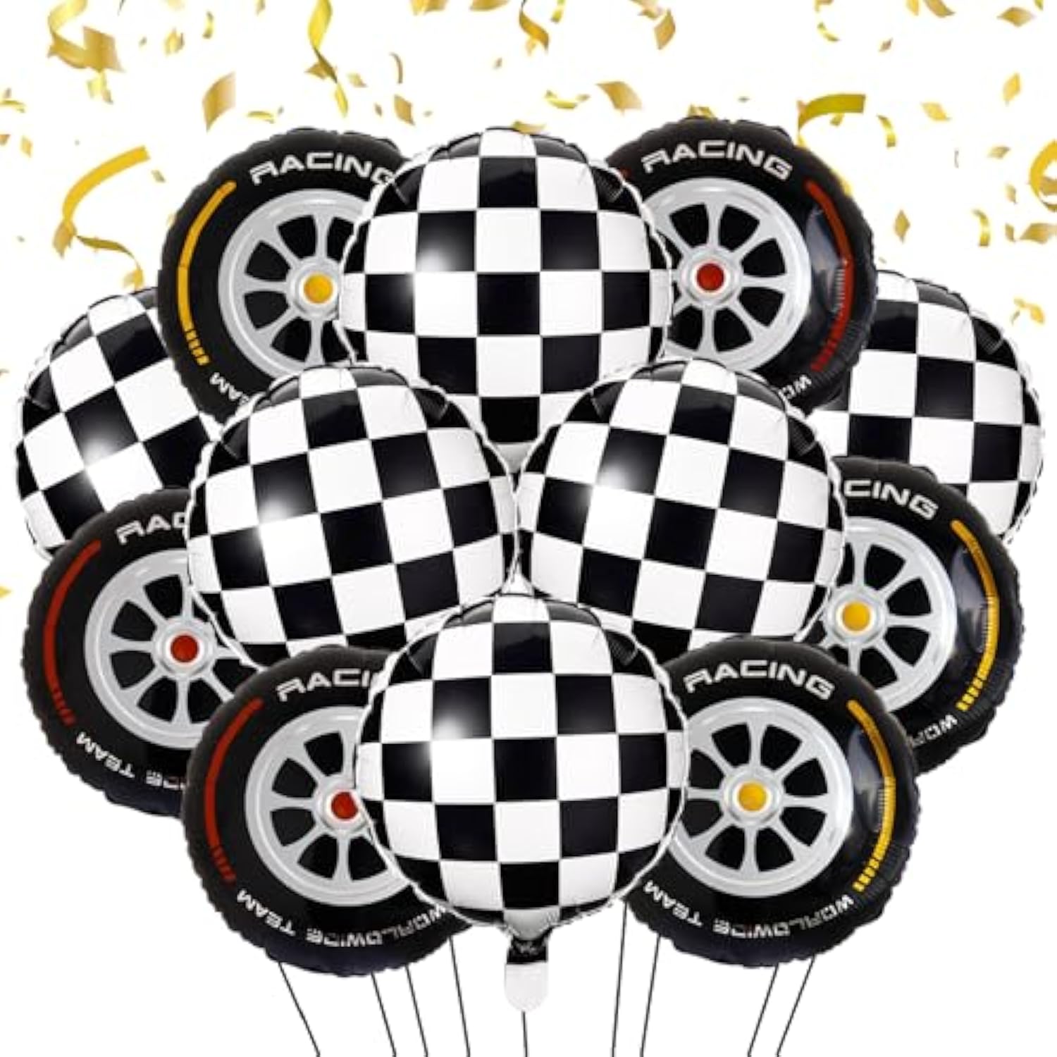 18 Inch Race Car Wheel Balloons, Black And White Checkered Balloons For Birthday Party, Race Car Theme Party, 12 Pcs
