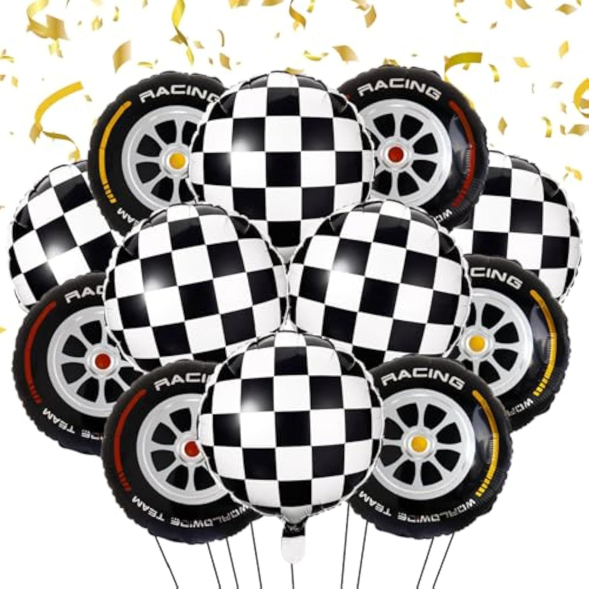 18 Inch Race Car Wheel Balloons, Black And White Checkered Balloons For Birthday Party, Race Car Theme Party, 12 Pcs