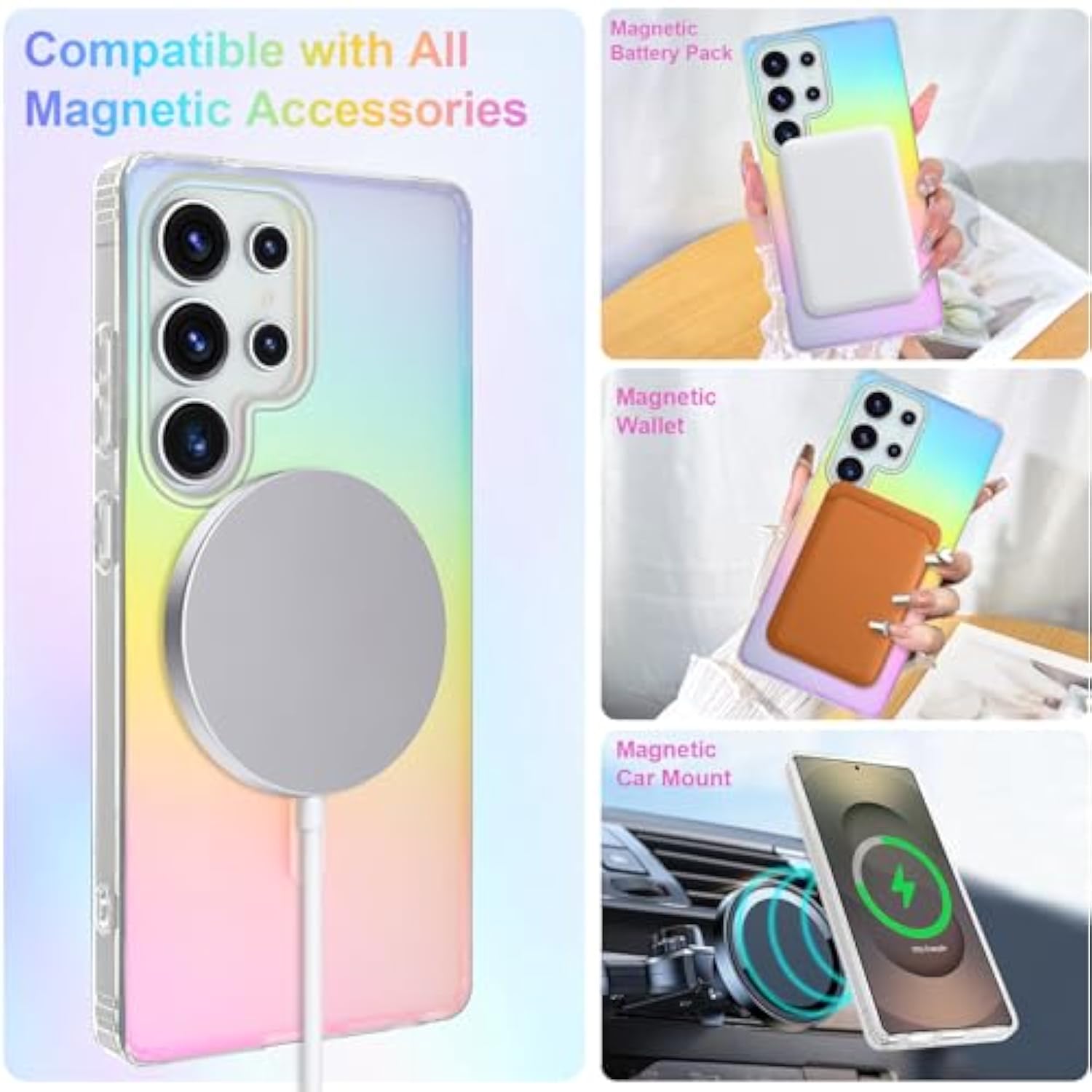 Cute Case For Samsung Galaxy S25 Ultra Case For Women Girls [Compatible With Magsafe] Glitter Sparkly Girly Aesthetic Rainbow Magnetic Protective Cover, Translucent Iridescent Blue & Pink