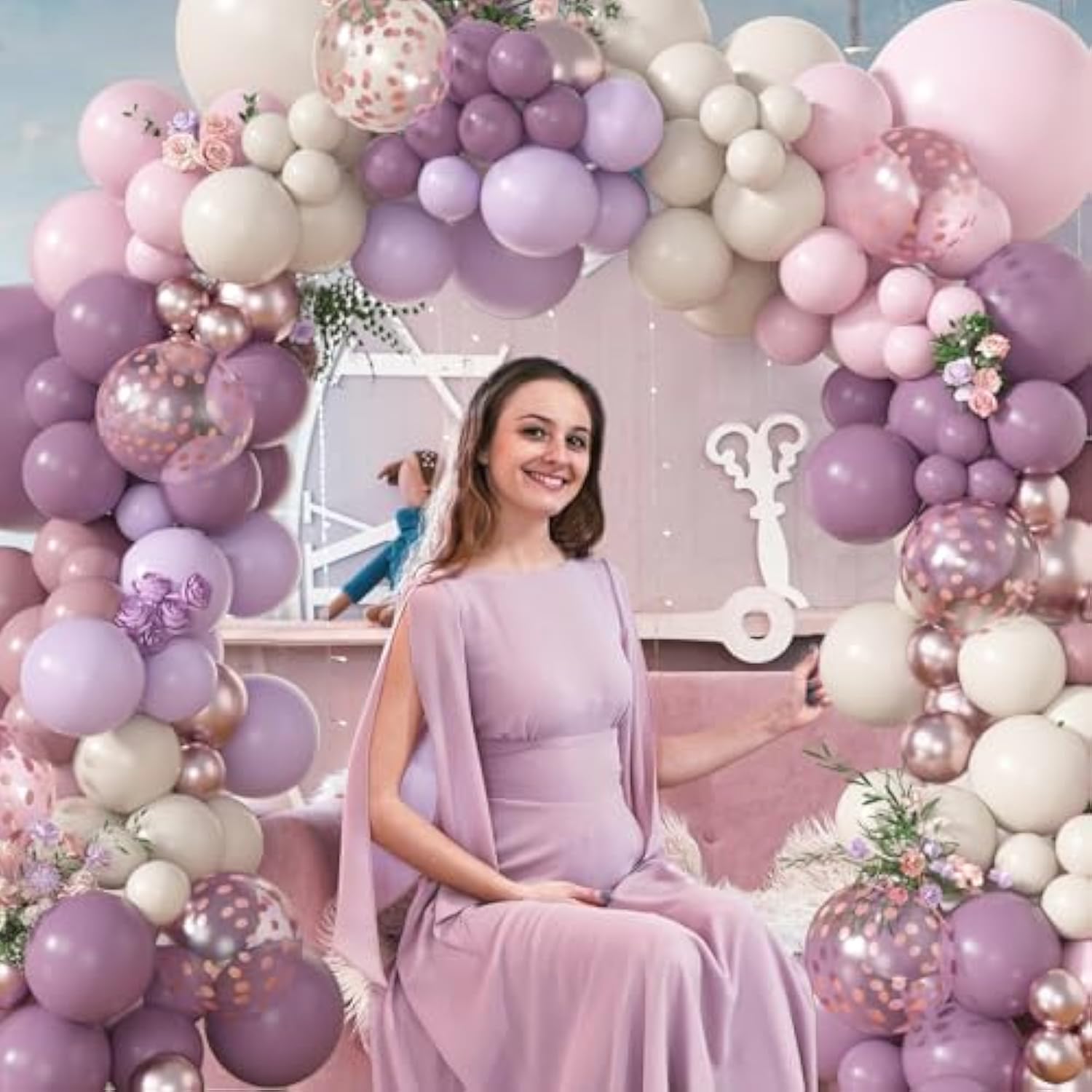 173Pcs Dusty Purple Balloon Arch Garland Kit, Double-Stuffed Pink White Sand Lavender Lilac Light Purple Rose Gold Confetti Balloons For Baby Bridal Shower Wedding Birthday Party Decorations