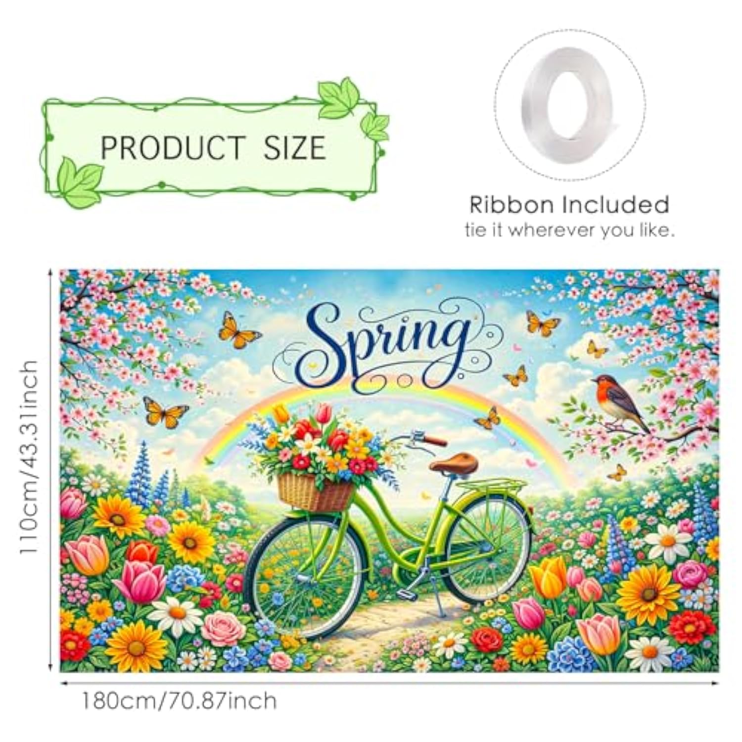Hello Spring Banner - Bicycle & Rainbow Floral Design - 71X43 Inches Polyester Spring Banner Decorations For Yard, Trail, Porch