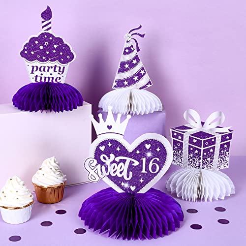 16th Birthday Decorations, 8 PCS 16th Birthday Honeycomb Centerpieces Purple Silver, Happy 16 Birthday Table Centerpiece Table Toppers for Girls Sixteen Years Old Party Table Decorations