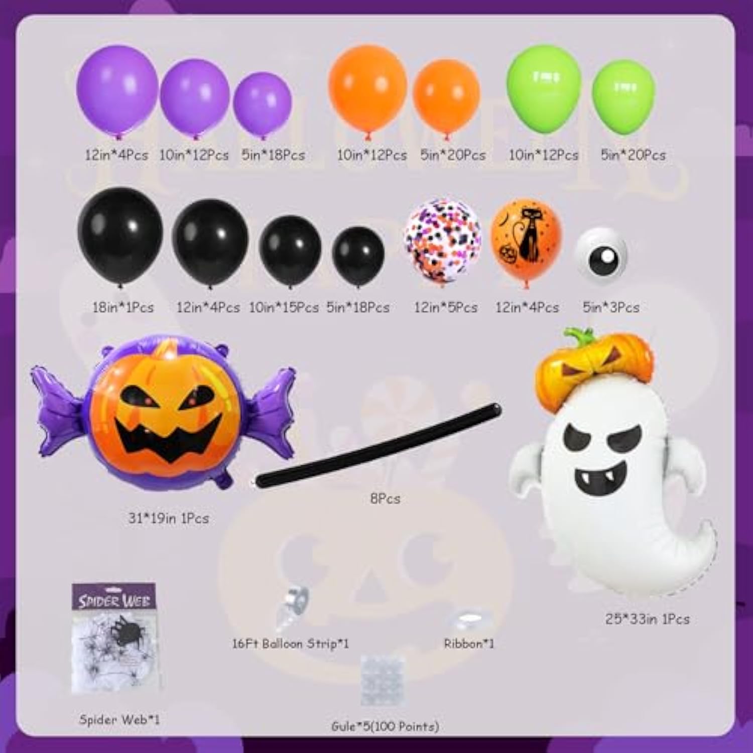 159Pcs Halloween Balloon Arch Kit - Ghost, Pumpkin, Black, Orange, Purple & Green Decor