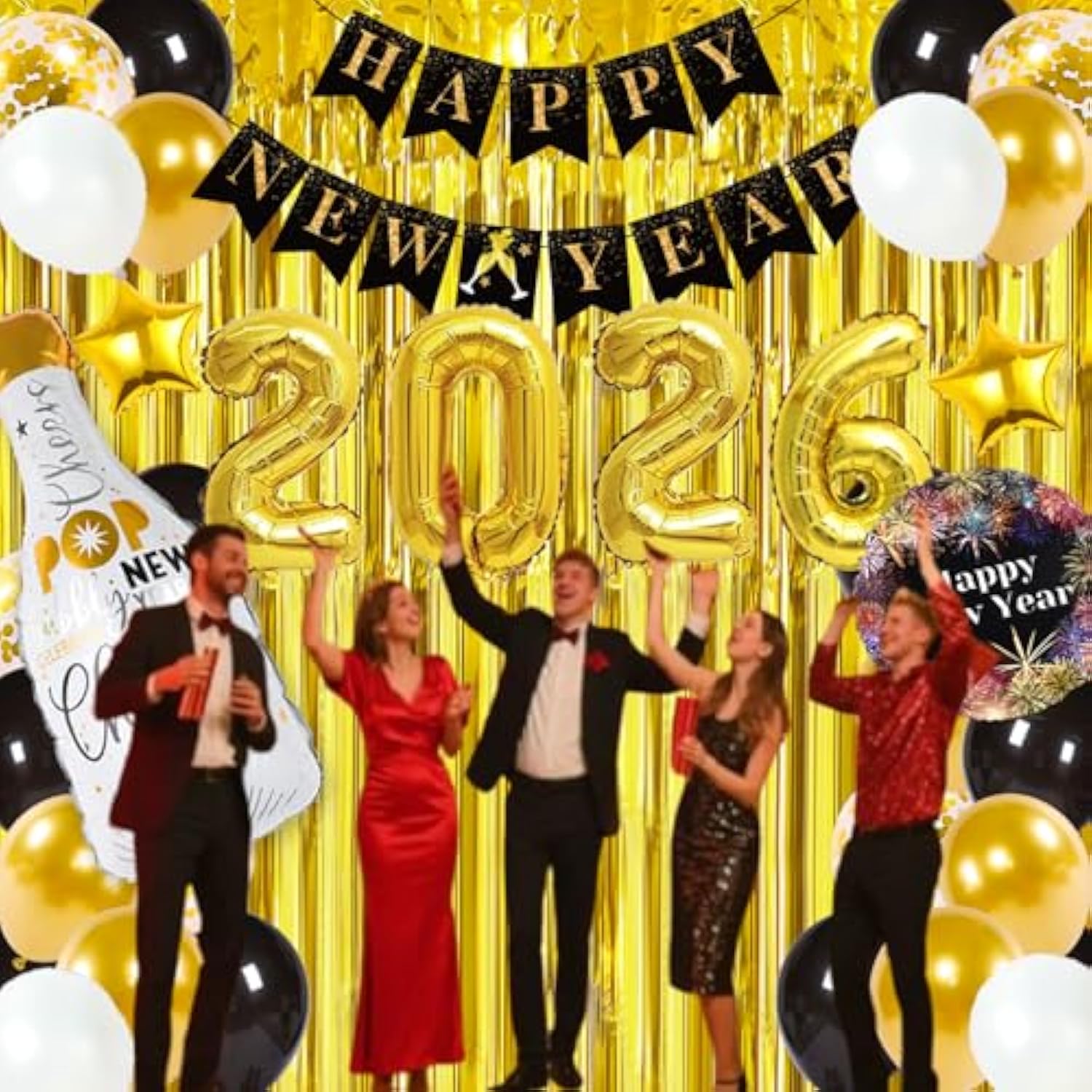 2026 New Year Eve Party Set Balloons Champagne Backdrop Banner Decor